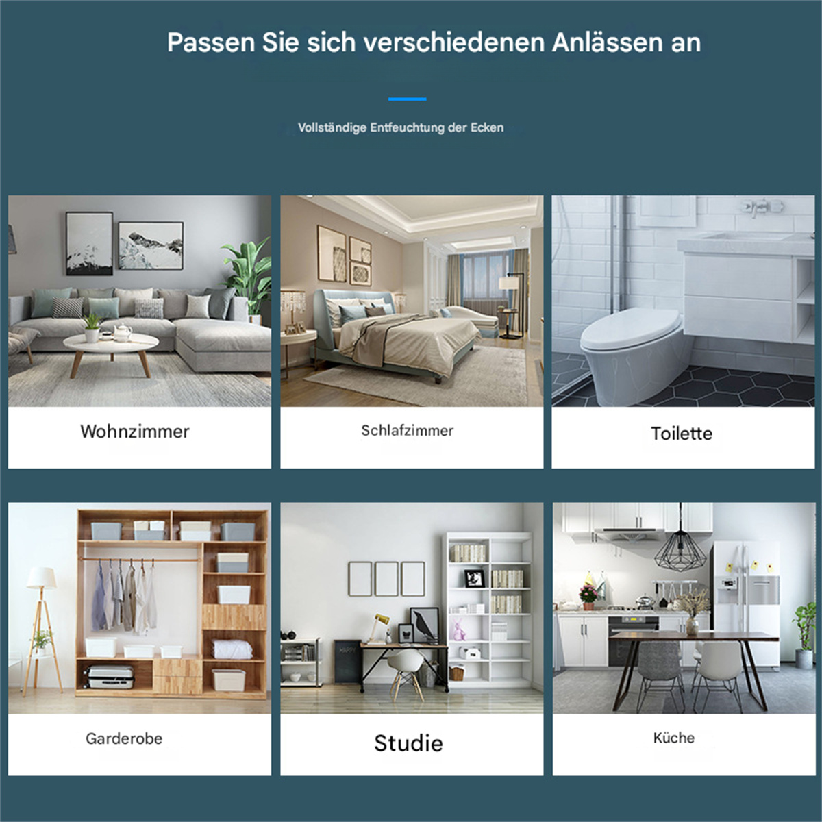 Das Bild zeigt sechs Räume: Wohnzimmer, Schlafzimmer, Badezimmer, Kleiderschrank, Arbeitszimmer und Küche.