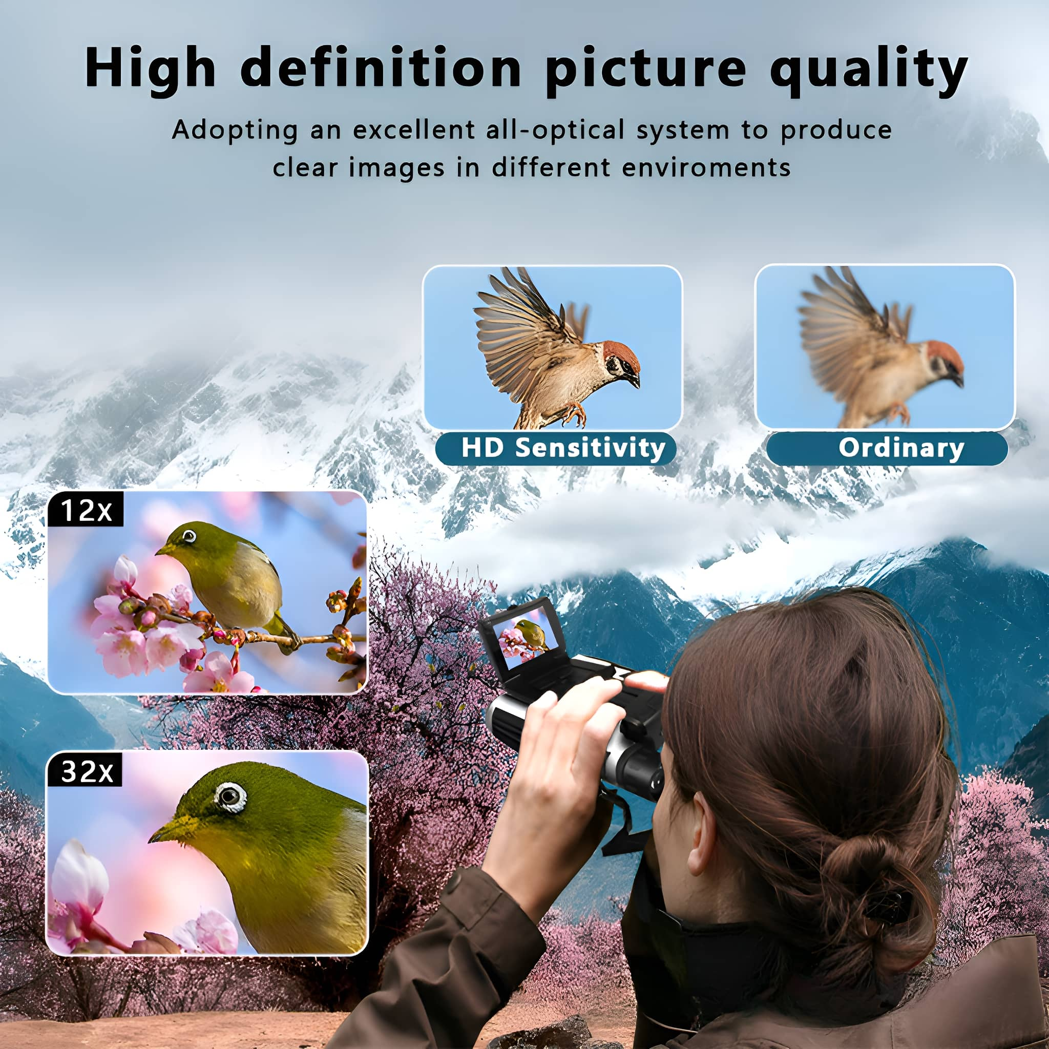 Eine Person benutzt ein Gerät, um Vögel in der Natur zu betrachten. Der Hintergrund zeigt Berge.