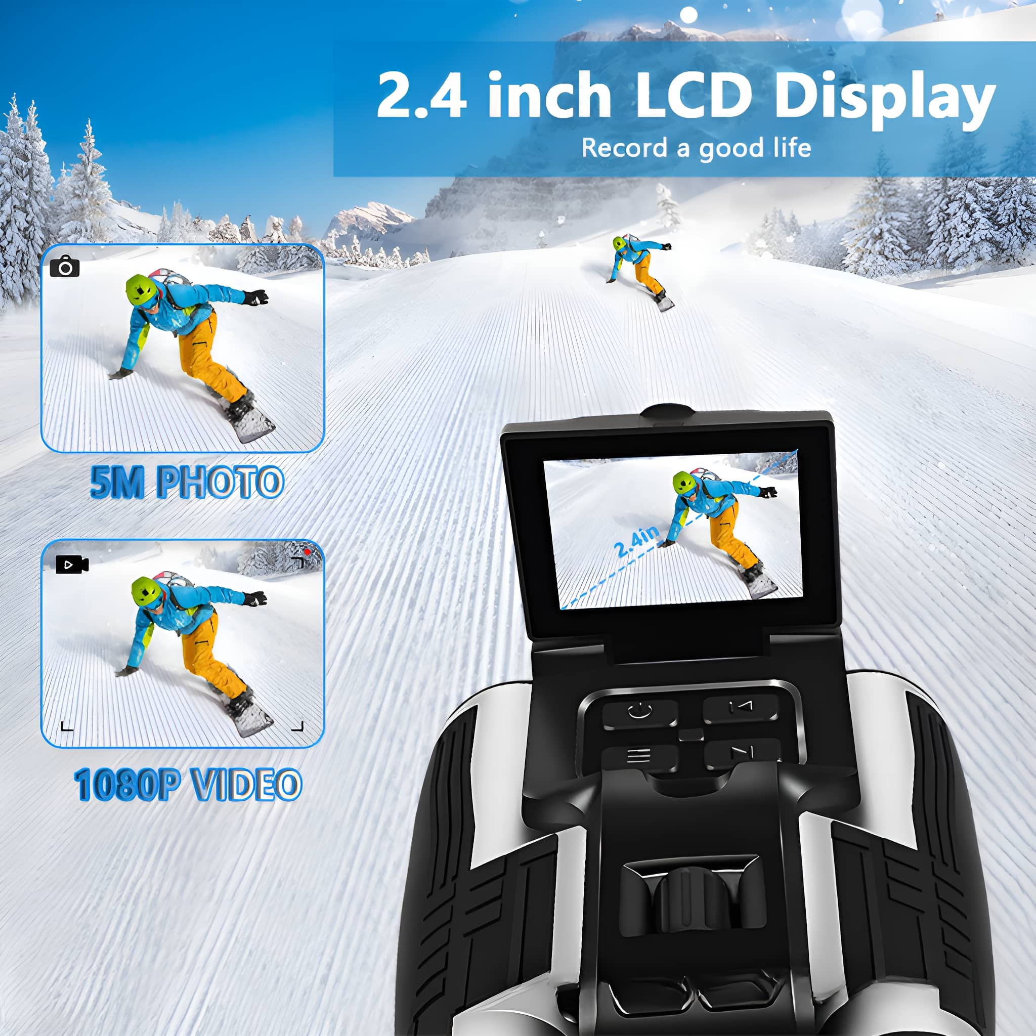 Fernglas mit Bildschirm, zeigt Skifahrer auf verschneiter Piste. Text: 2,4 Zoll LCD Display.