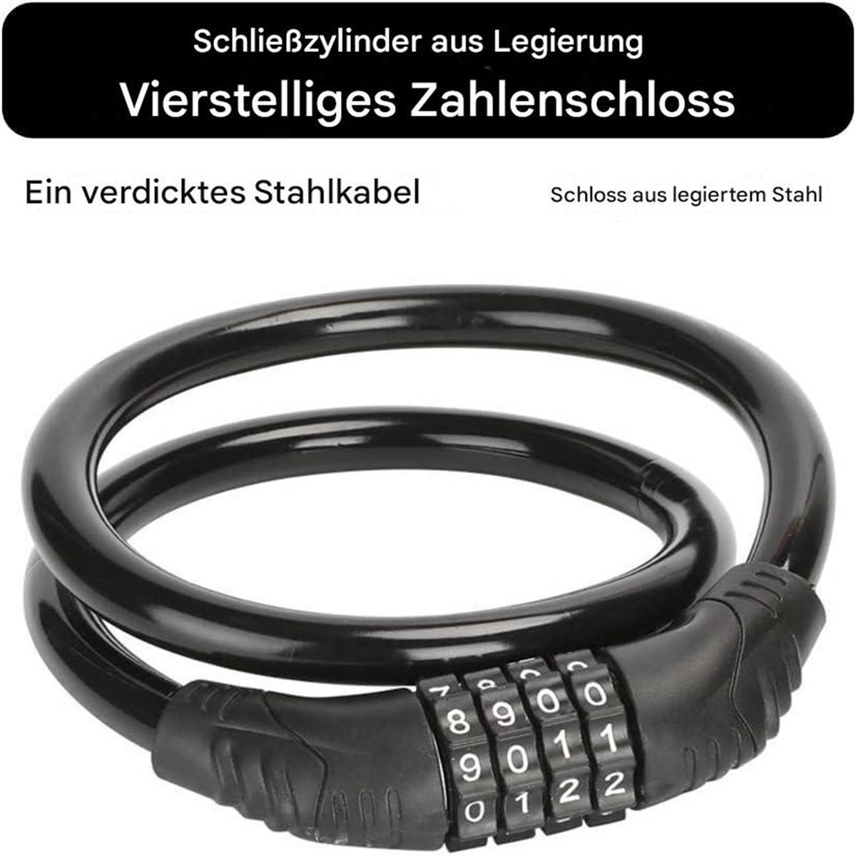 Schwarzes Zahlenschloss an schwarzem Kabel. Weißer Text im Hintergrund.