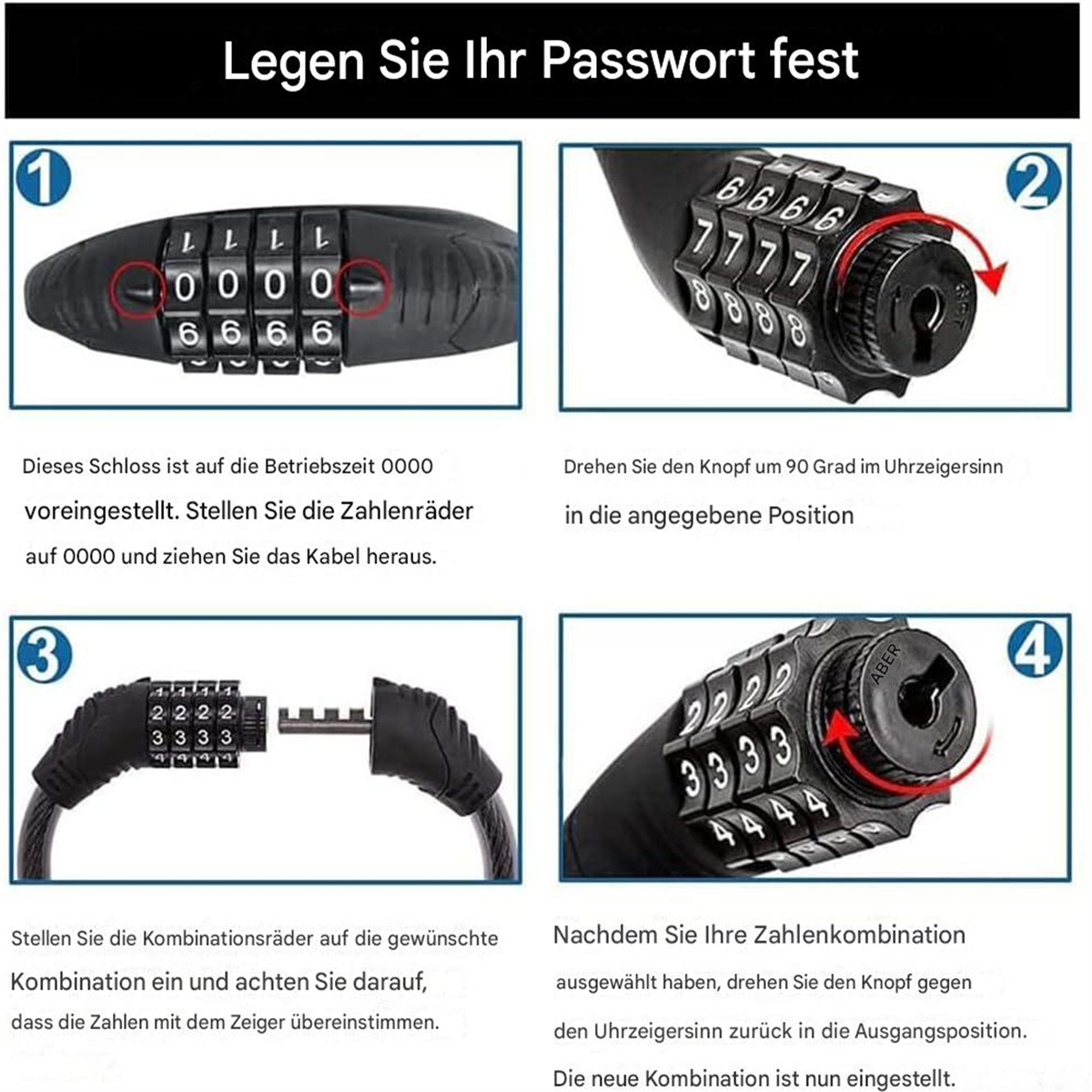 Anleitung zum Einstellen eines Zahlenschlosses. Zeigt Schloss und Zahlen.