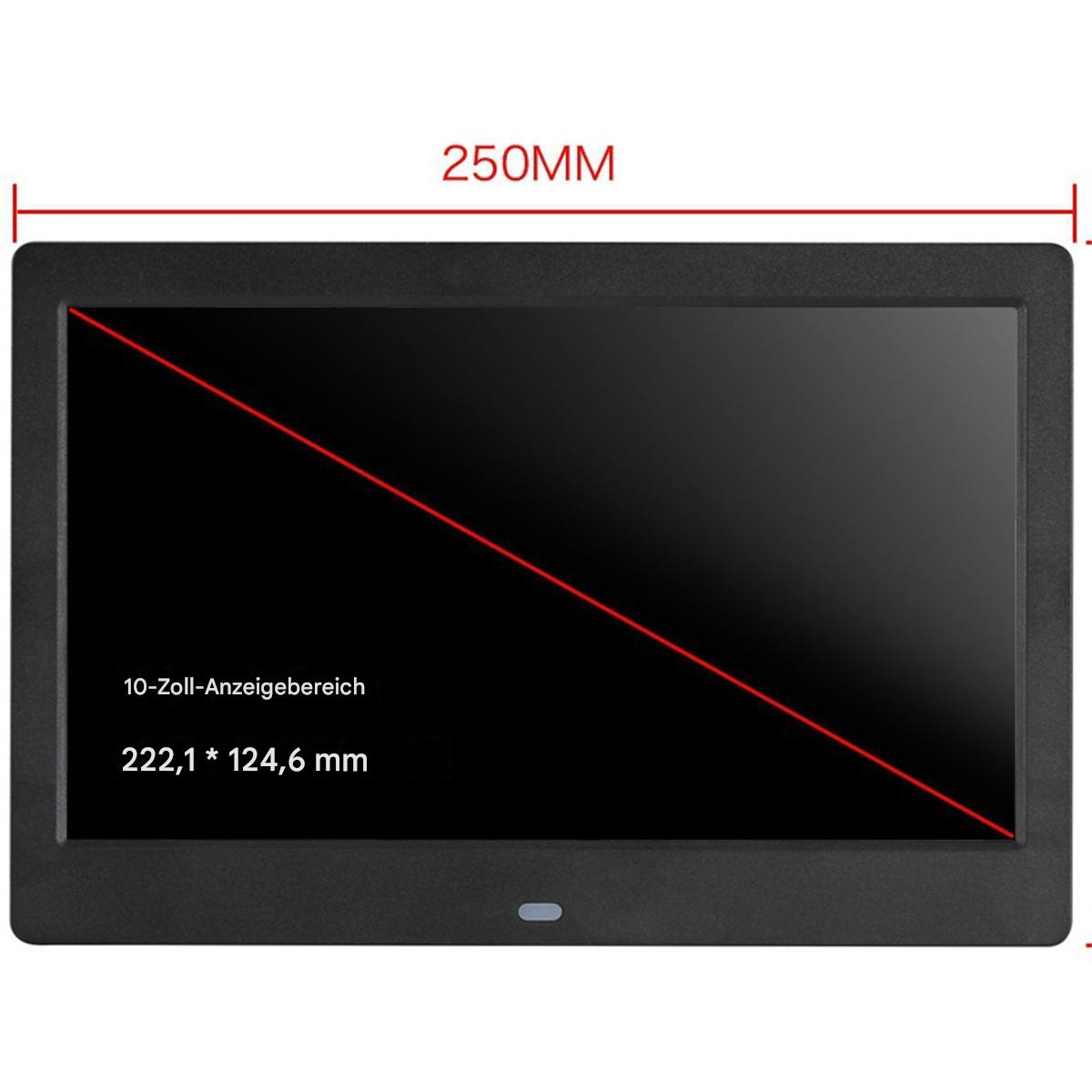 Schwarzer digitaler Bilderrahmen mit Abmessungen und roter Diagonale.