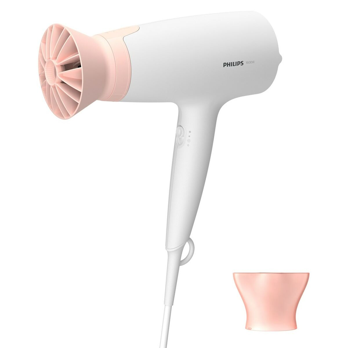 Asciugacapelli Philips bianco e rosa, con un accessorio ugello rosa in basso.