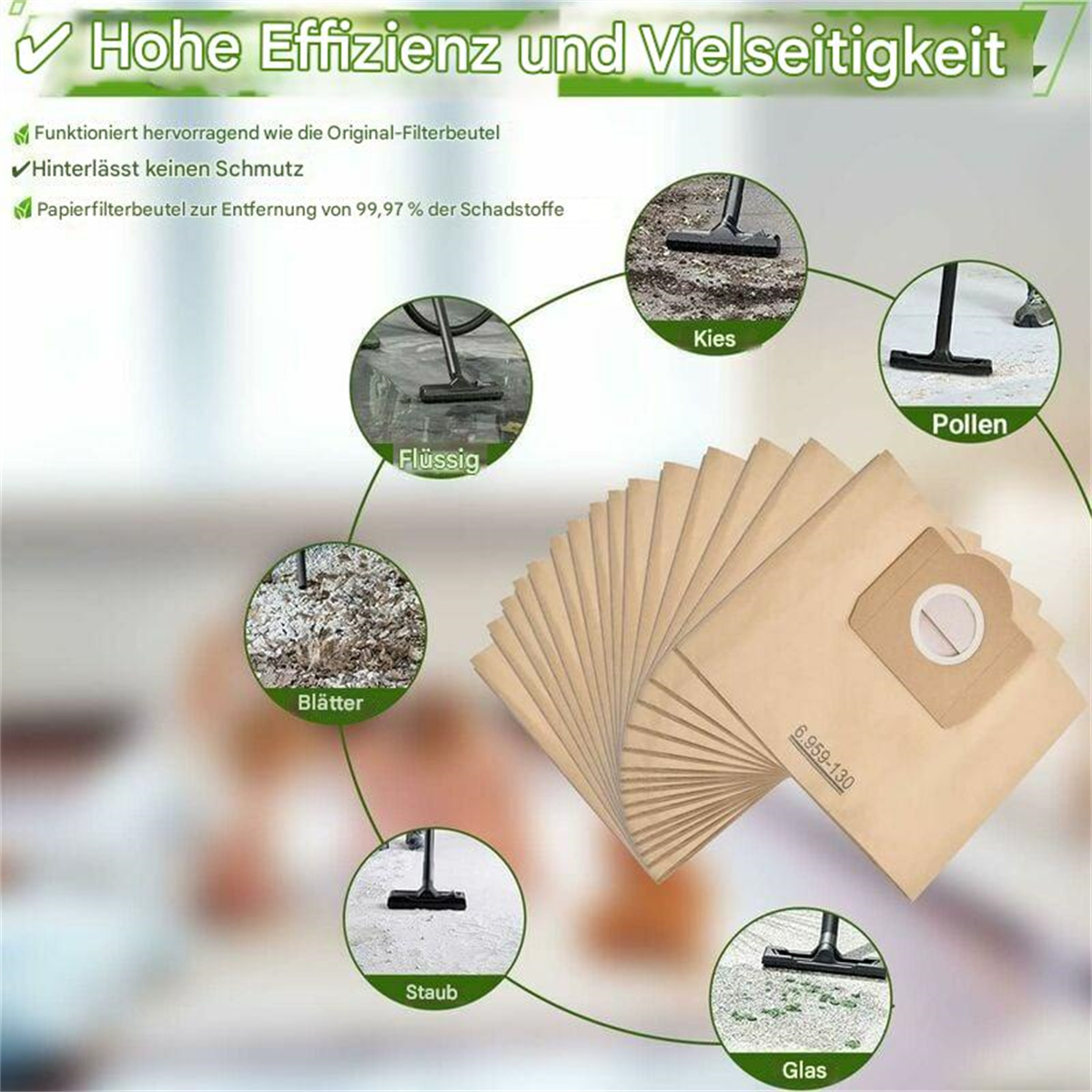 Staubsaugerbeutel mit Grafiken, die das Aufsaugen von Partikeln zeigen, mit deutschem Text.