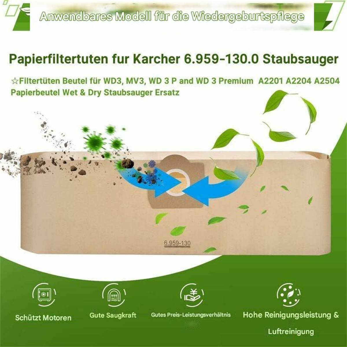 Braune Papierfilterbeutel mit grünen Blättern und blauen Pfeilen, die zur Mitte zeigen.