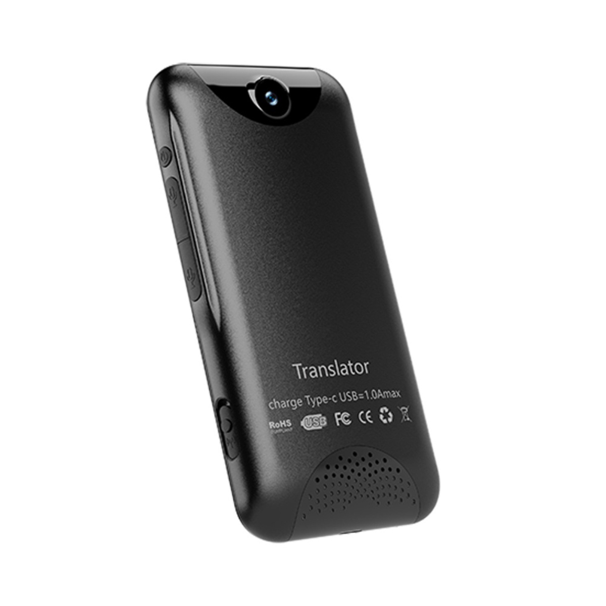 Schwarzes Übersetzungsgerät. Hat eine Kamera und Knöpfe, gedruckter Text: 'Translator' und 'charge Type-C'.