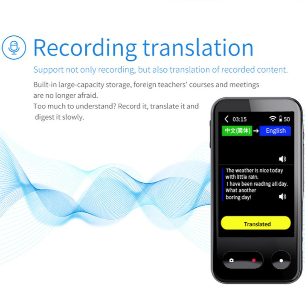 Ein schwarzes Smartphone zeigt einen übersetzten Satz. Blaue Linien bilden einen dynamischen Hintergrund.