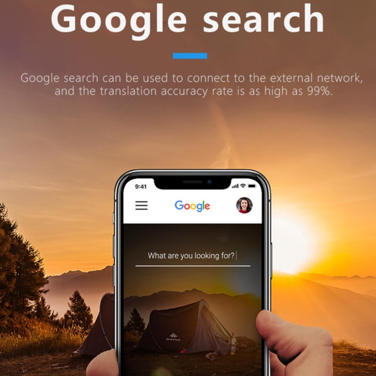 Ein Smartphone zeigt eine Google-Suchseite mit einem Landschaftsfoto.