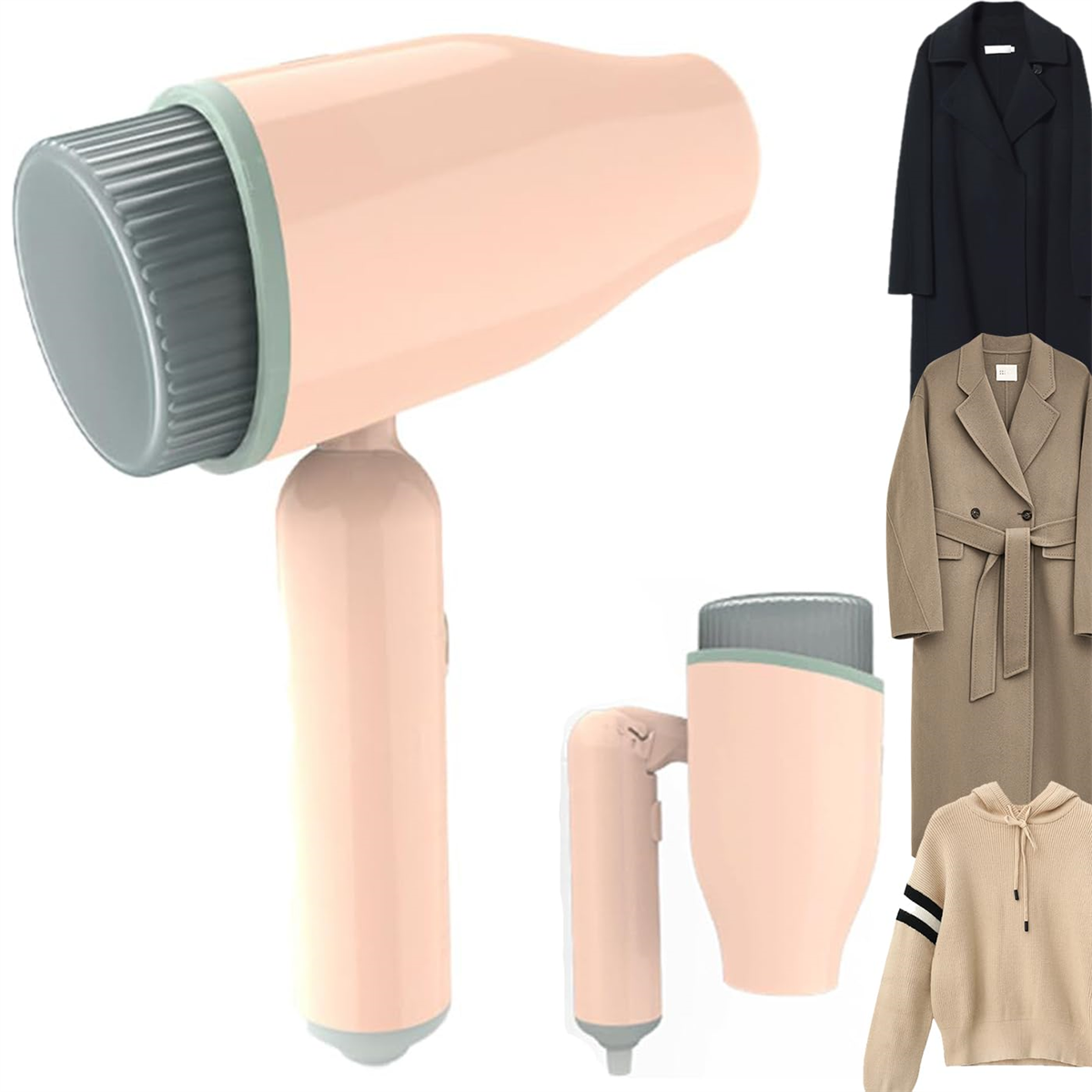 Pinker Haartrockner mit Aufsätzen, plus drei Mäntel in Schwarz, Beige und ein beiger Hoodie.