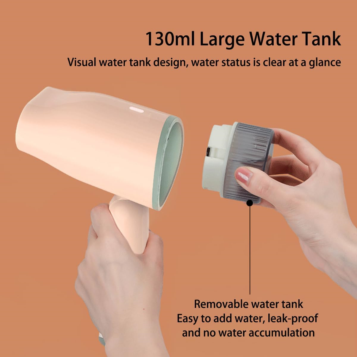 Ein Haartrockner mit abnehmbarem Wassertank, der ein visuelles Design und Text zeigt.