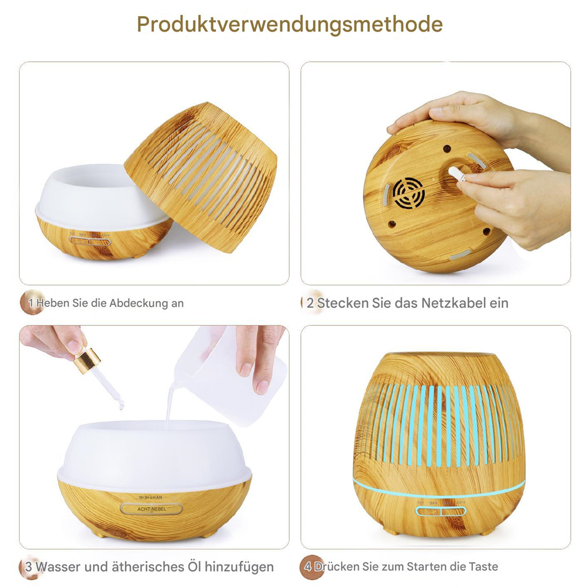 Vier Bilder, die die Schritte zur Verwendung eines ätherischen Öl-Diffusors zeigen: öffnen, einstecken, Öl hinzufügen und einschalten.