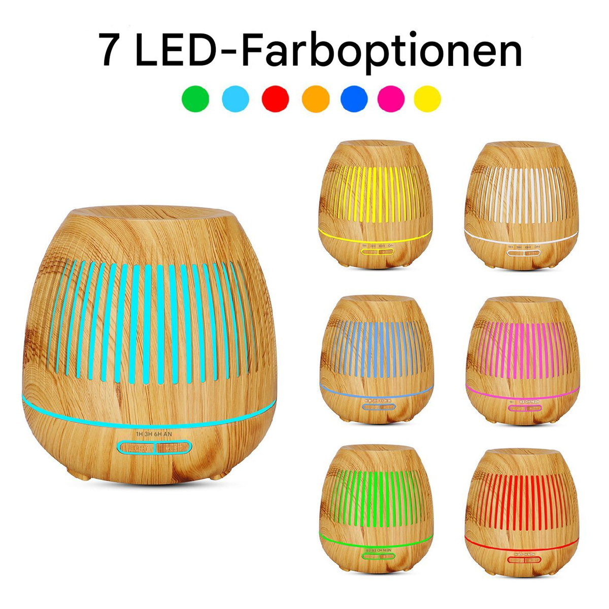 Holzdiffusor mit 7 LED-Farboptionen. Farben sind Grün, Blau, Gelb, Pink, Orange und Rot.