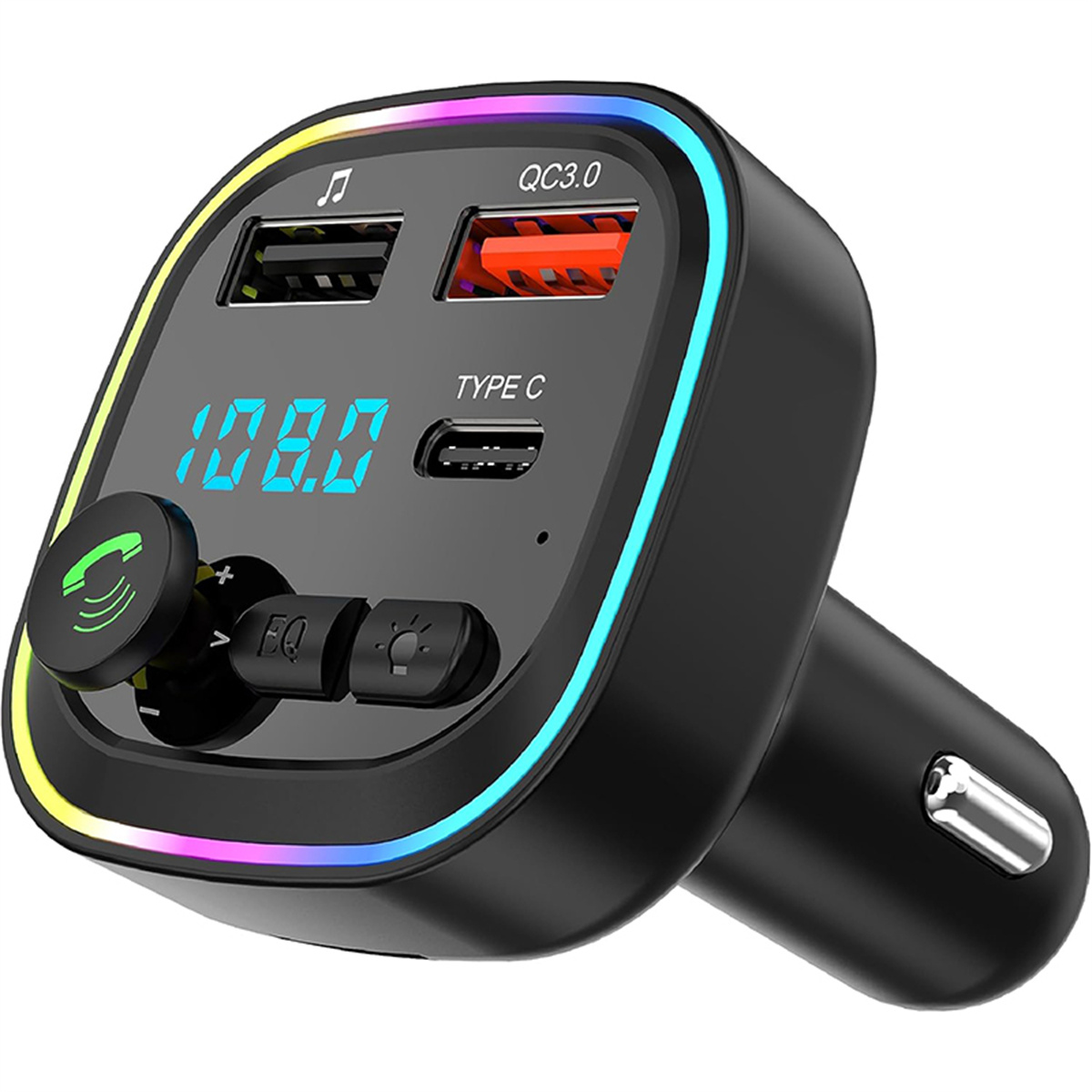 Schwarzes Autoladegerät mit USB-Anschlüssen, einem Typ-C-Anschluss und blauem LED-Display mit 108,0 FM-Frequenz.