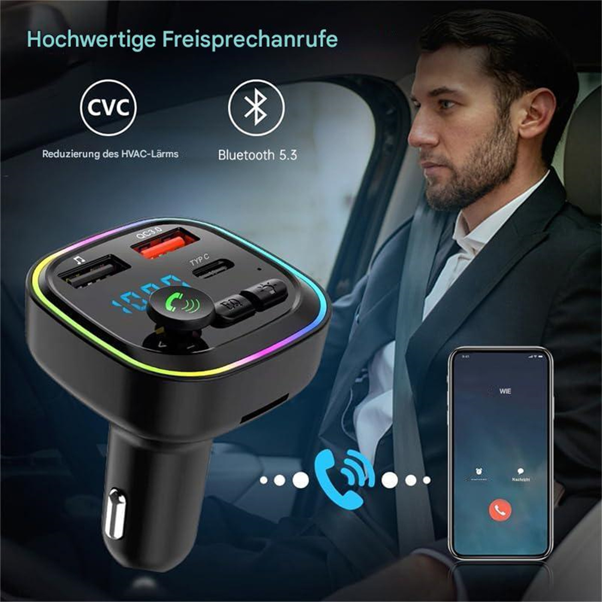 Mann im Auto mit einem Auto-Kit. Ein Telefon zeigt einen eingehenden Anruf an. Das Kit zeigt Ladeanschlüsse und ein Display.