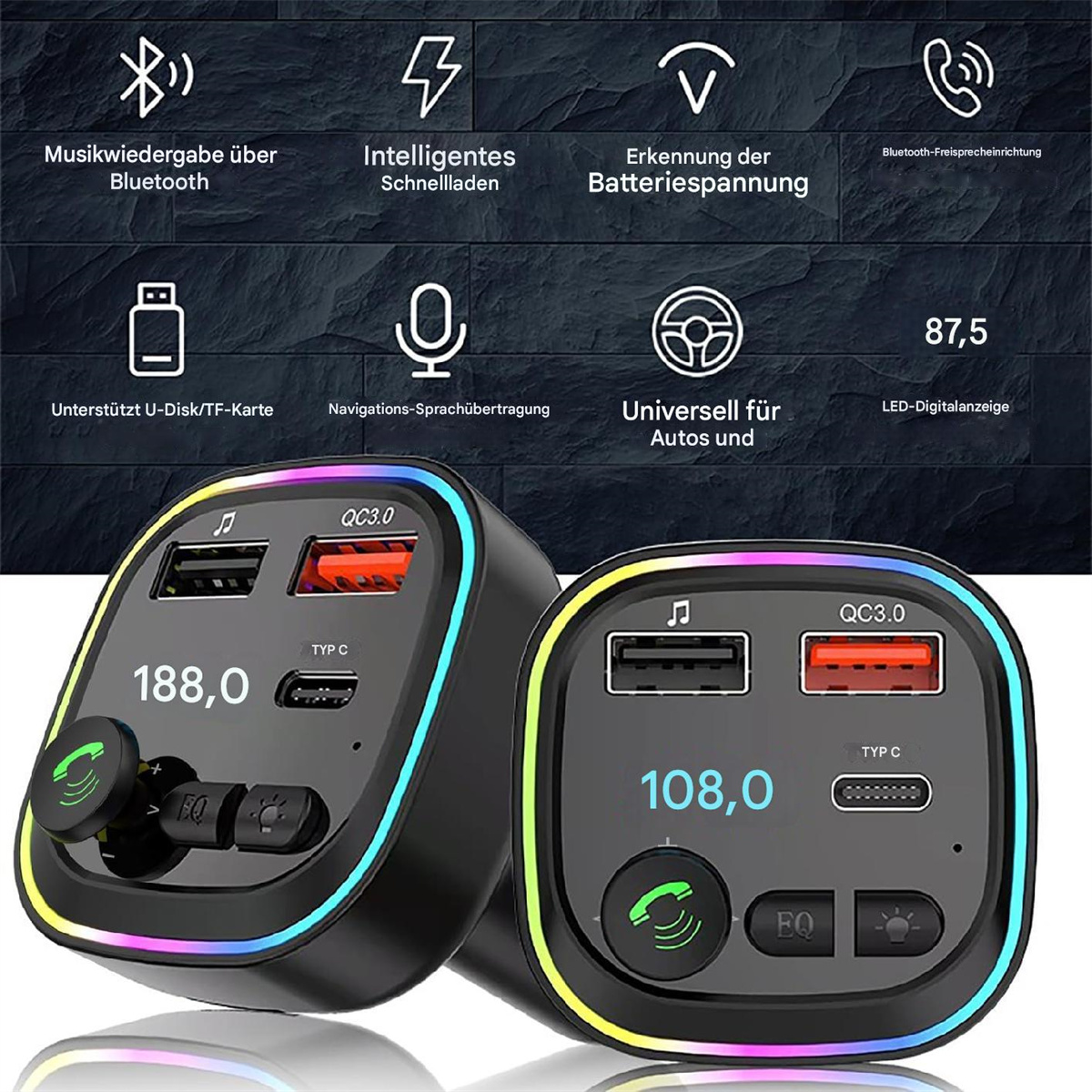Zwei schwarze Autoladegeräte mit mehreren USB-Anschlüssen. Text und Symbole werden angezeigt.