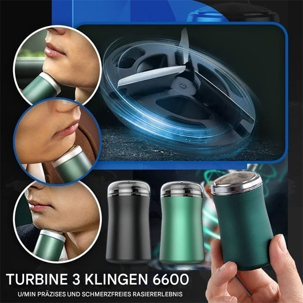 Ein Produkt, das einen Rasierer und eine detaillierte Ansicht des Rasierprozesses auf drei Gesichtern zeigt.