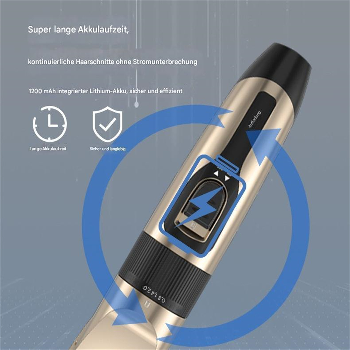 Ein gold-schwarzer Trimmer mit Batterieanzeige. Er zeigt den Ladepunkt.