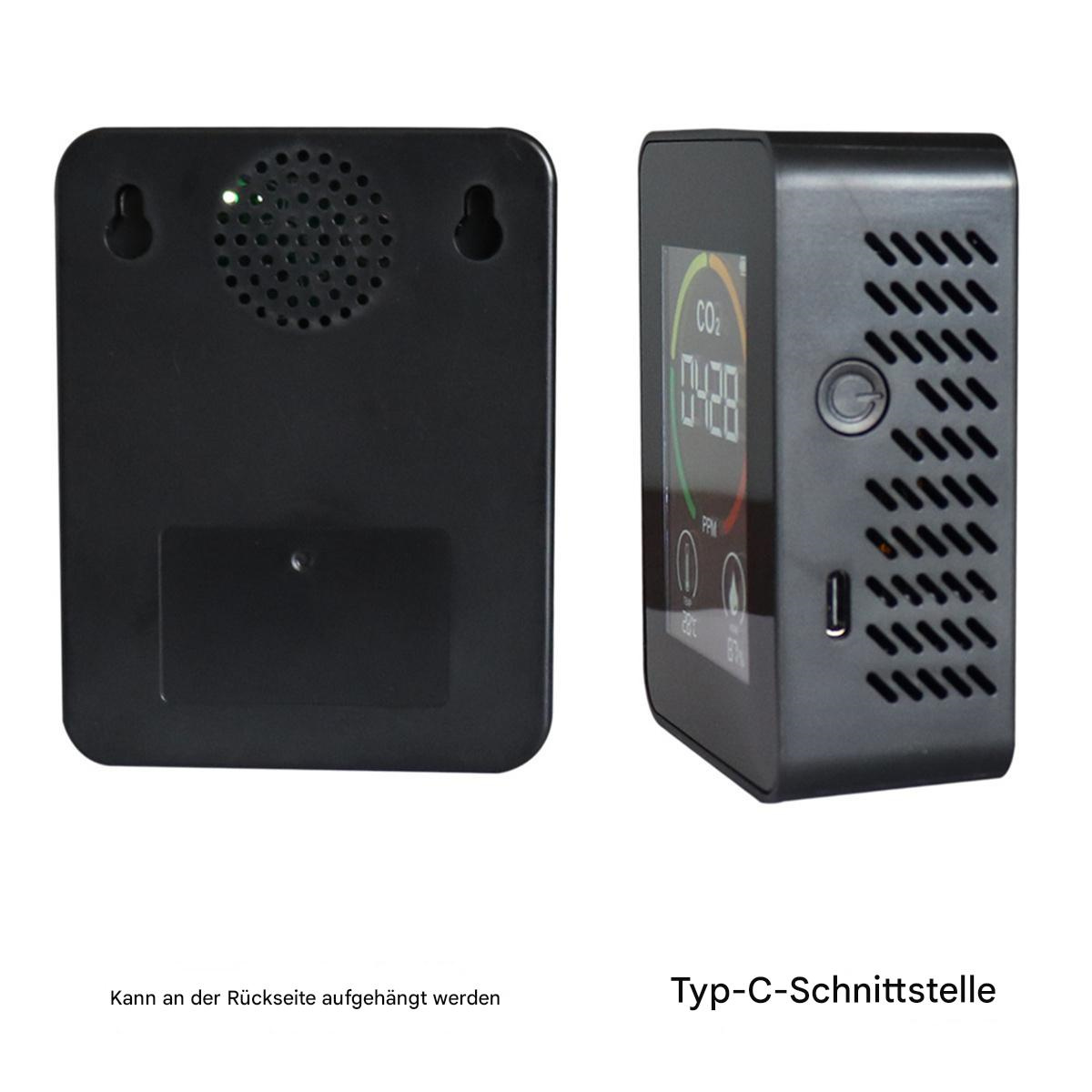 Schwarzer Luftqualitätsmonitor mit Display und Knöpfen. Rückseite mit Befestigungslöchern.