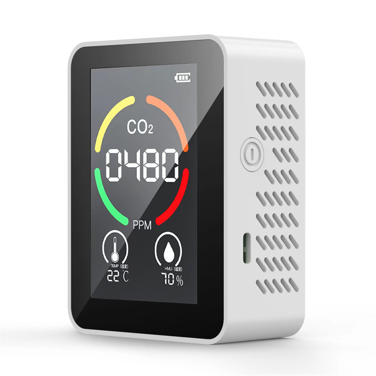 Ein weißer CO2-Monitor, der CO2-Werte, Temperatur und Luftfeuchtigkeit anzeigt. Der Bildschirm hat eine farbcodierte Anzeige.