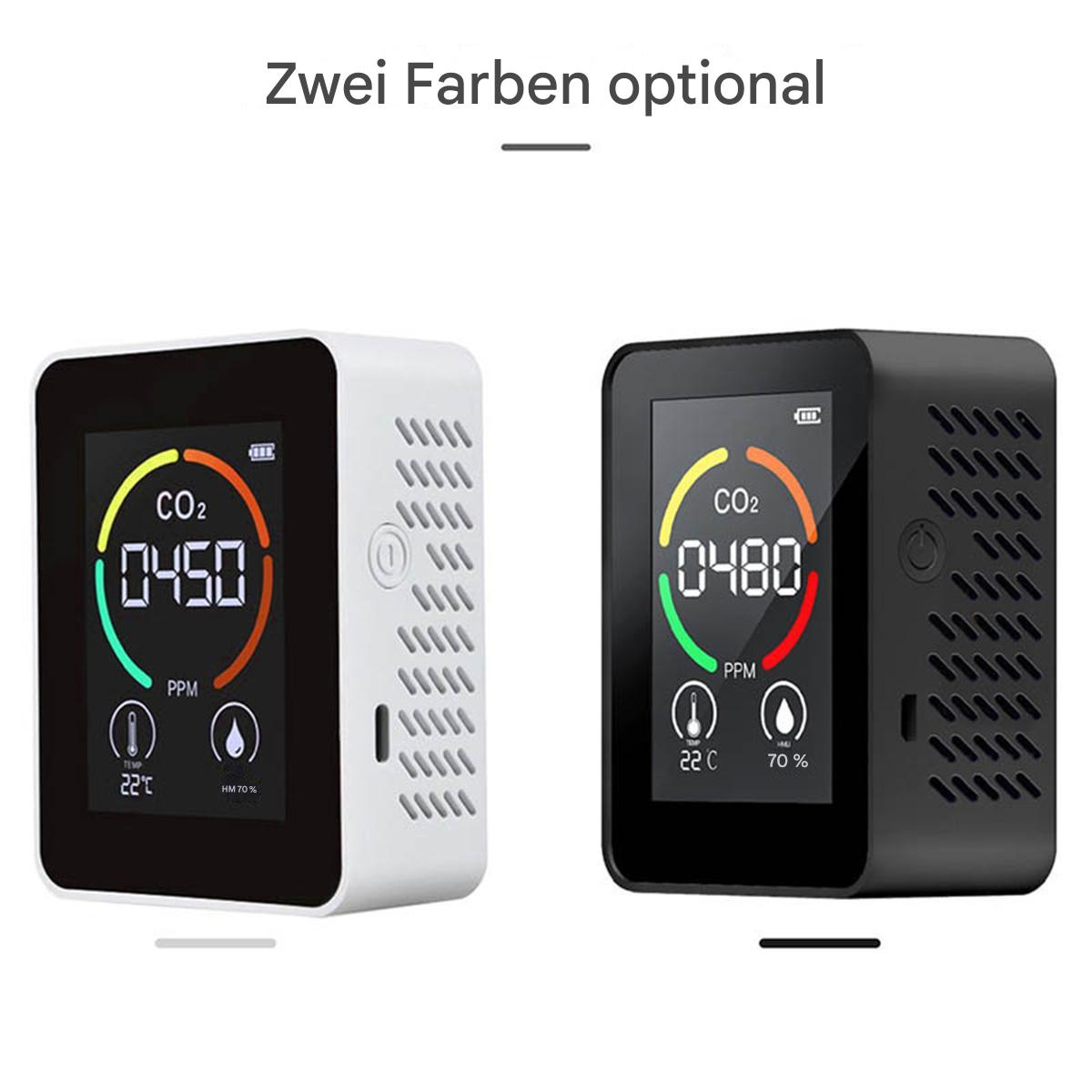 Zwei CO2-Monitore, einer weiß und einer schwarz, zeigen Messwerte an.
