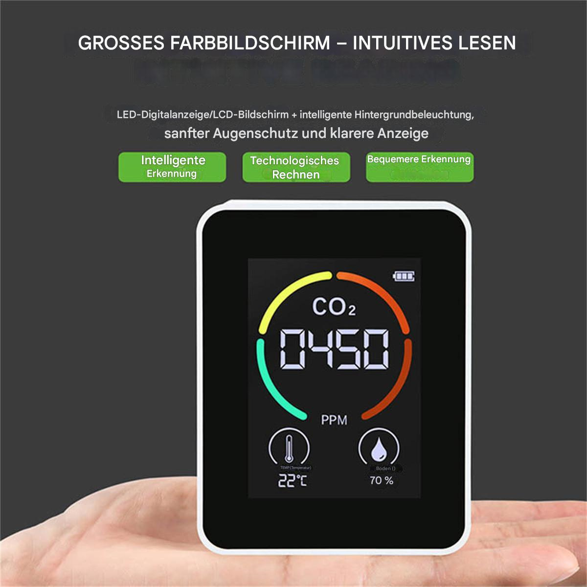 Digitalanzeige mit Luftqualitätsindikatoren: CO2-Pegel, Temperatur und Luftfeuchtigkeit.