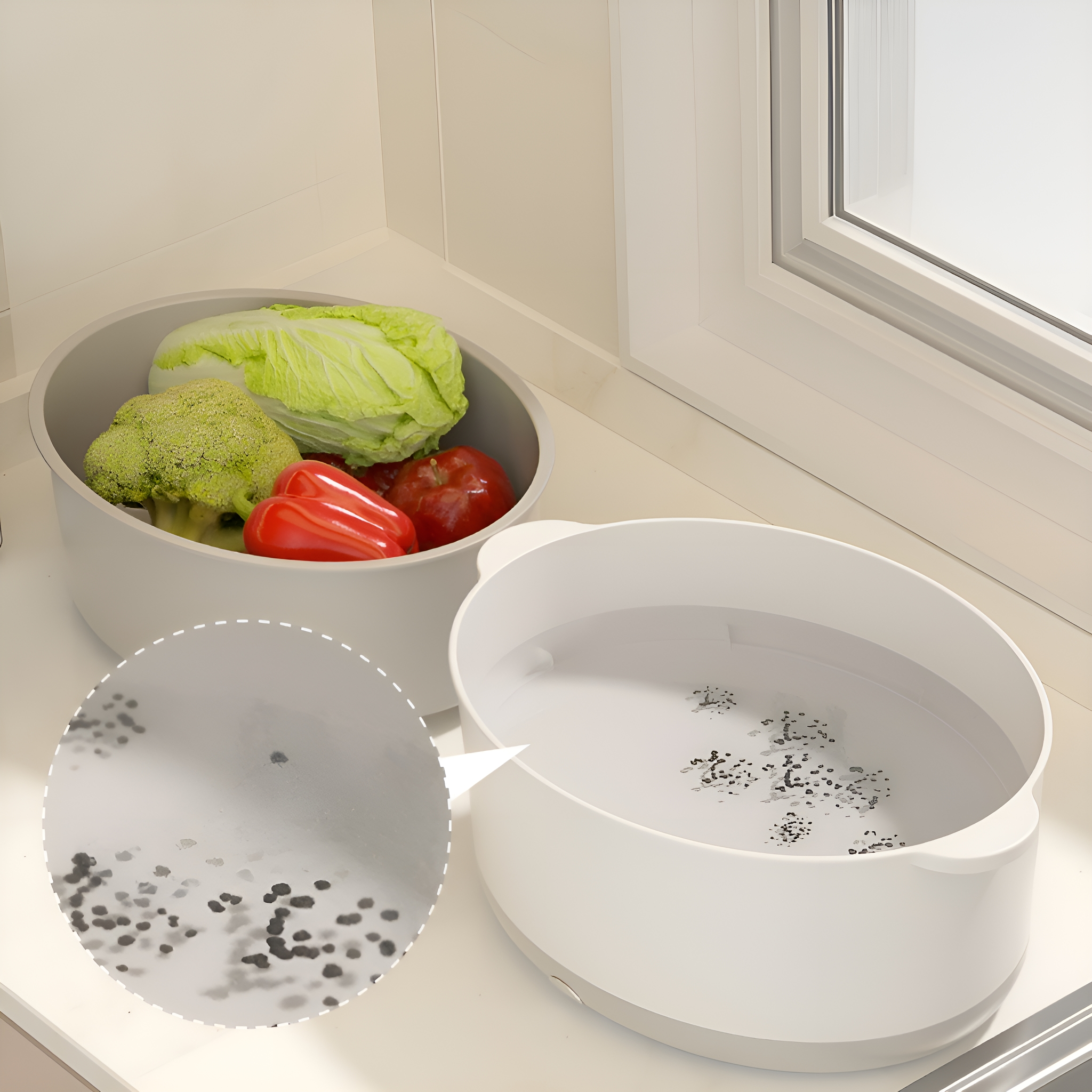 Zwei weiße Schalen mit Wasser und Gemüse. Eine enthält Brokkoli, Paprika, Kohl. Die andere enthält Wasser.