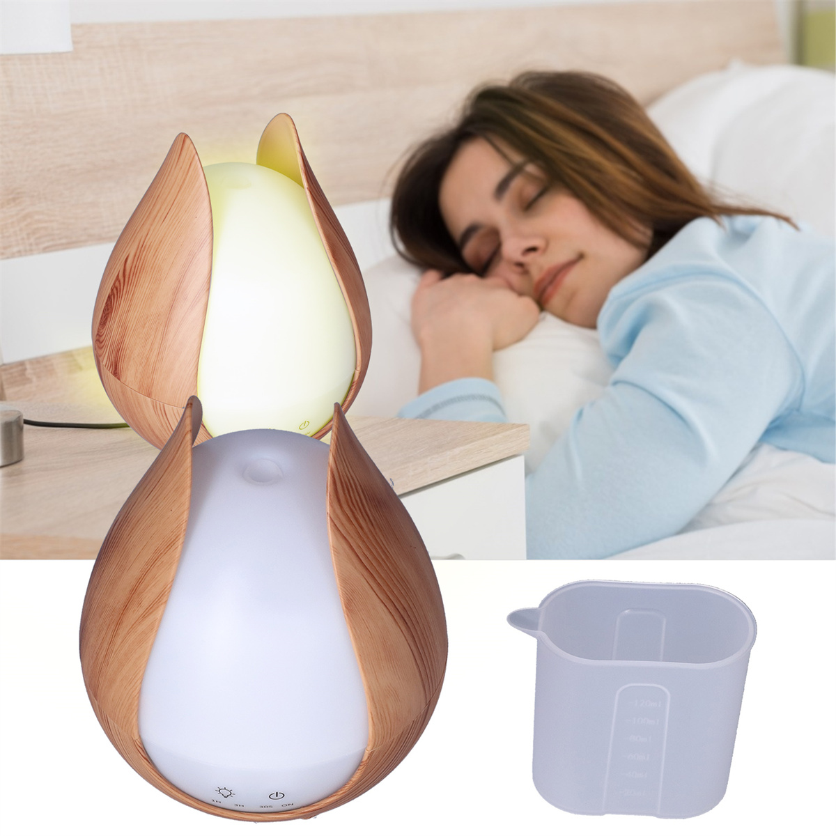 Ein ätherischer Öl Diffusor in Holzoptik und eine schlafende Frau mit Messbecher.