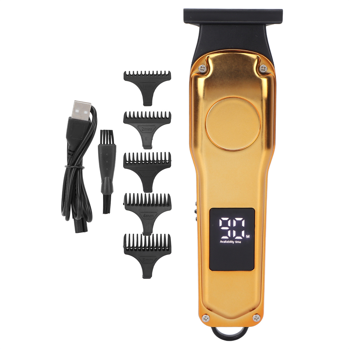 Goldener Haarschneider mit Aufsätzen und Ladekabel. Er hat ein digitales Display.