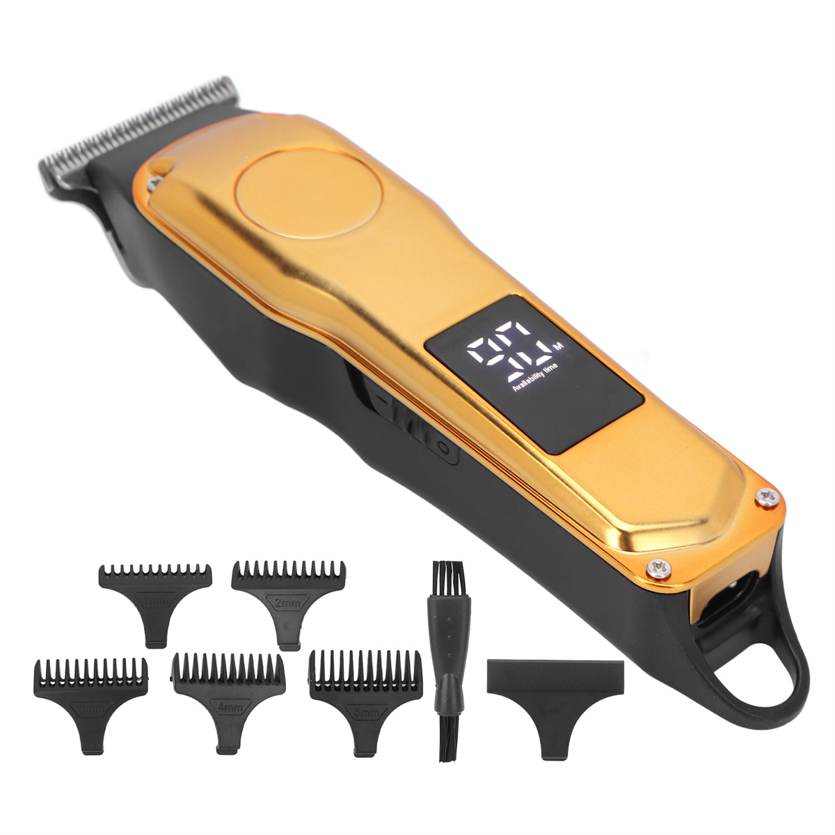 Ein gold-schwarzer Haarschneider mit LED-Anzeige, Kämmen und Reinigungsbürste.