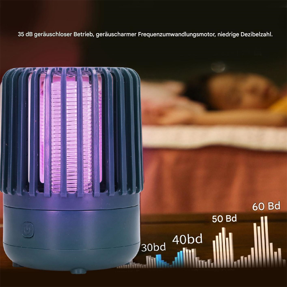 Ein blauer Mückenvernichter mit violettem Licht im Inneren, vor verschwommenem Hintergrund.