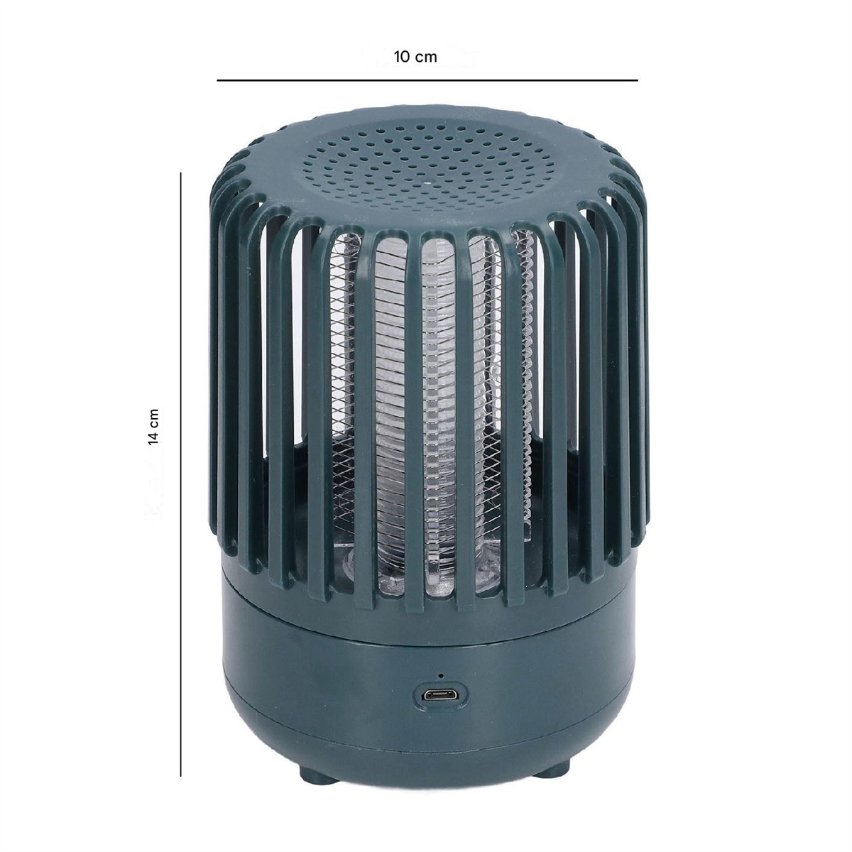 Ein zylindrischer Insektenvernichter. Er hat einen grünen Körper, ein Metallgitter und einen USB-Anschluss. Weißer Hintergrund.