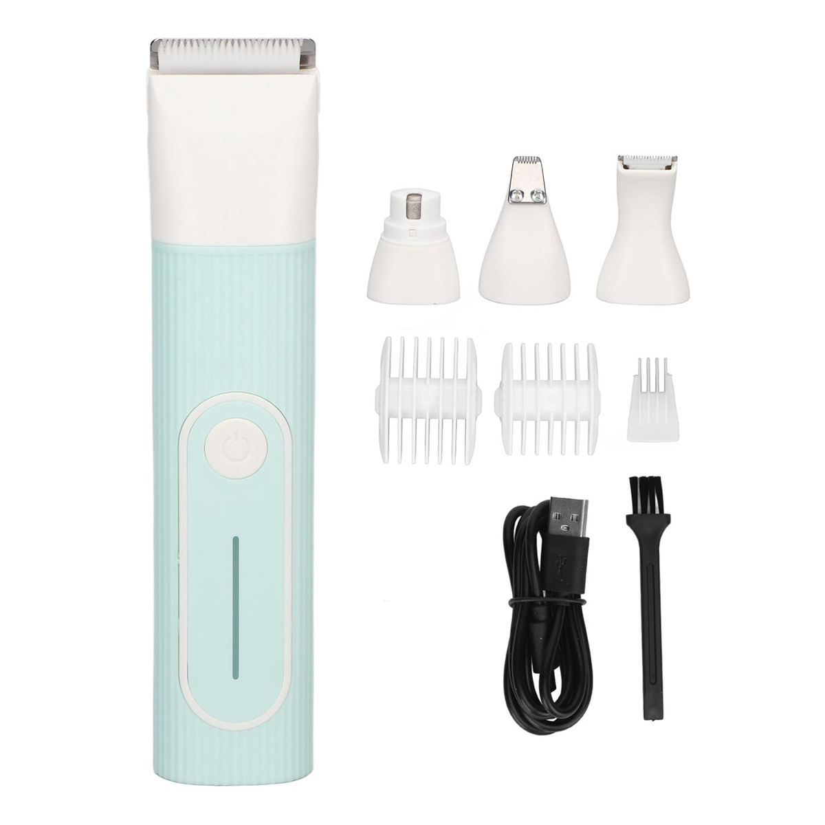 Blau-weißer Haarschneider mit Aufsätzen. Inklusive USB-Kabel und Bürste.
