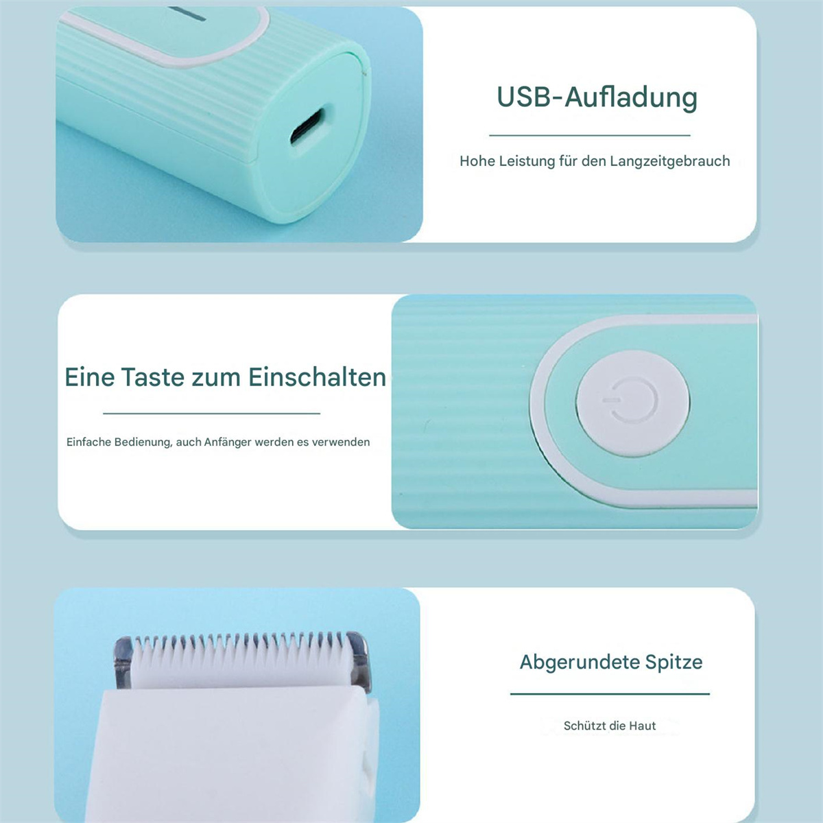 Nahaufnahme eines türkisfarbenen Elektrorasierers. Zu den Merkmalen gehören ein USB-Anschluss, eine Ein-/Aus-Taste und abgerundete Spitzen.