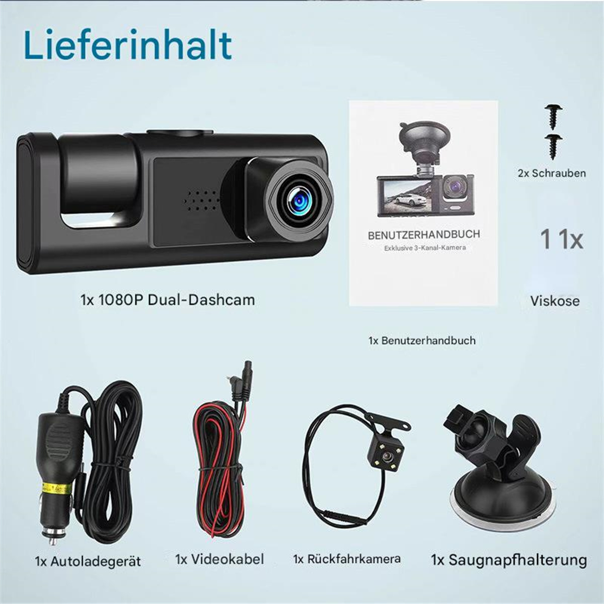 Ein Dashcam-Set mit verschiedenen Komponenten, einschließlich Kamera, Kabel und Handbüchern.