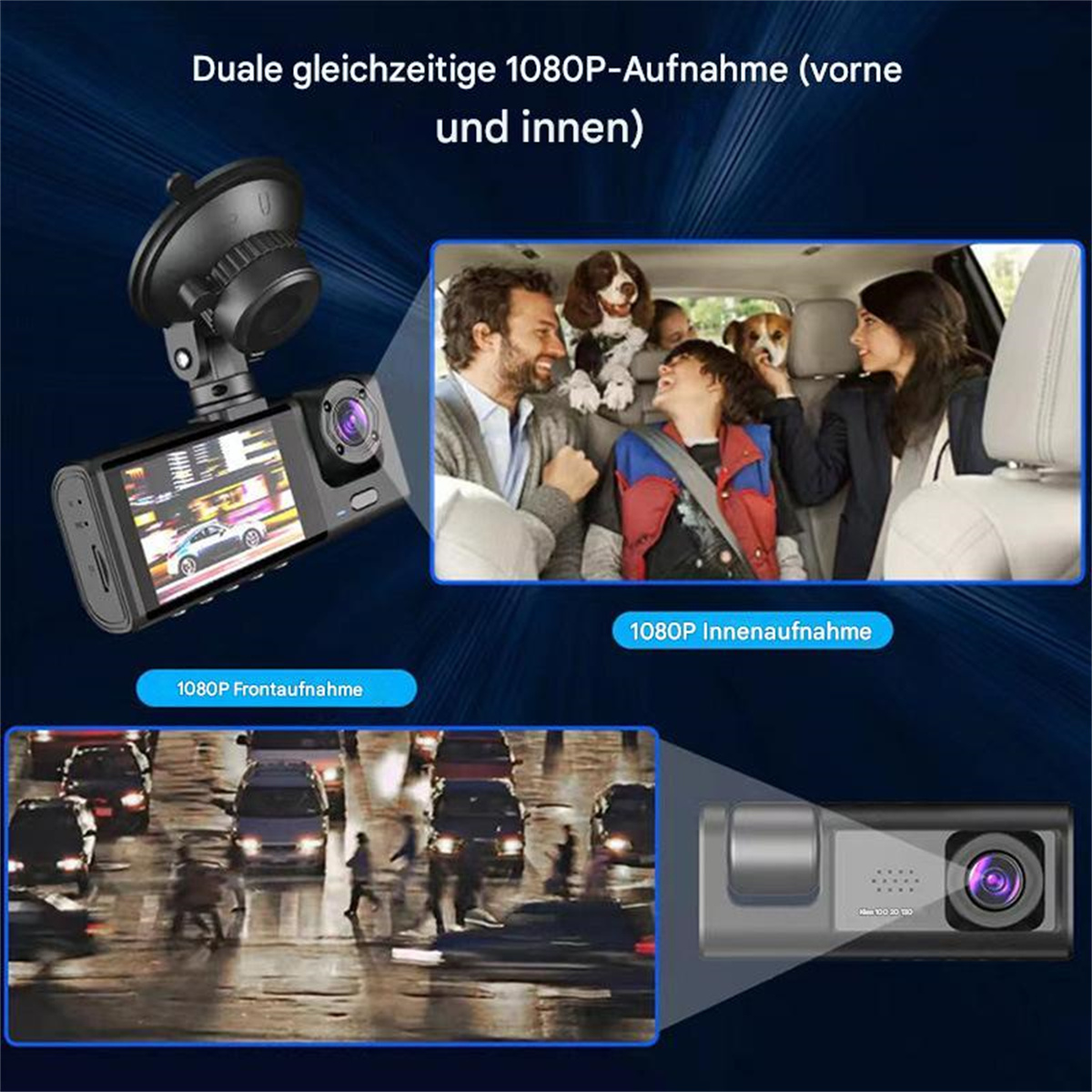 Dashcam mit zwei Ansichten: eine im Auto mit einer Familie und eine vom Verkehr auf einer Straße.