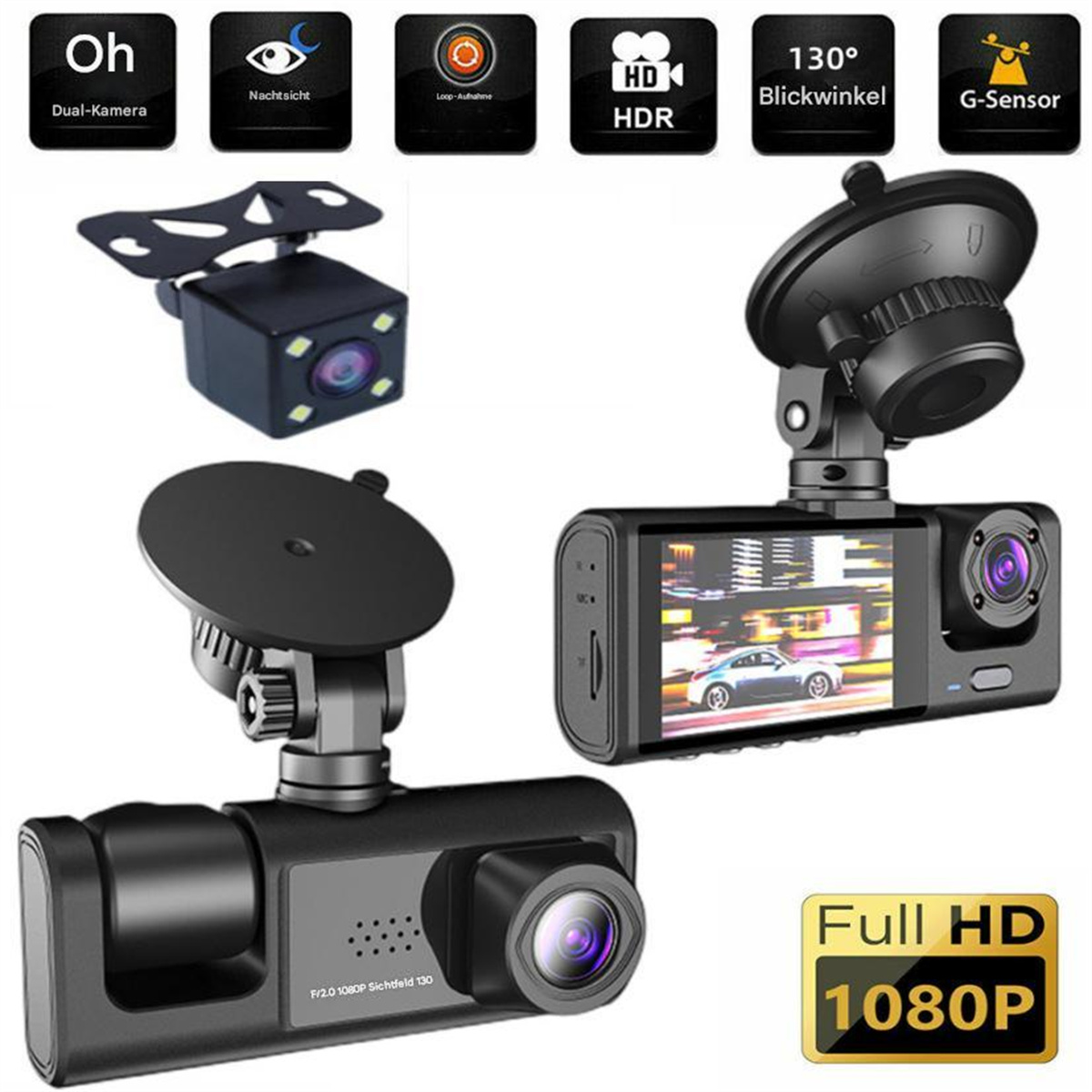 Dashcams mit Funktionssymbolen. Anzeigen mit Auto, Kamerasymbolen und einem Full HD-Aufkleber.