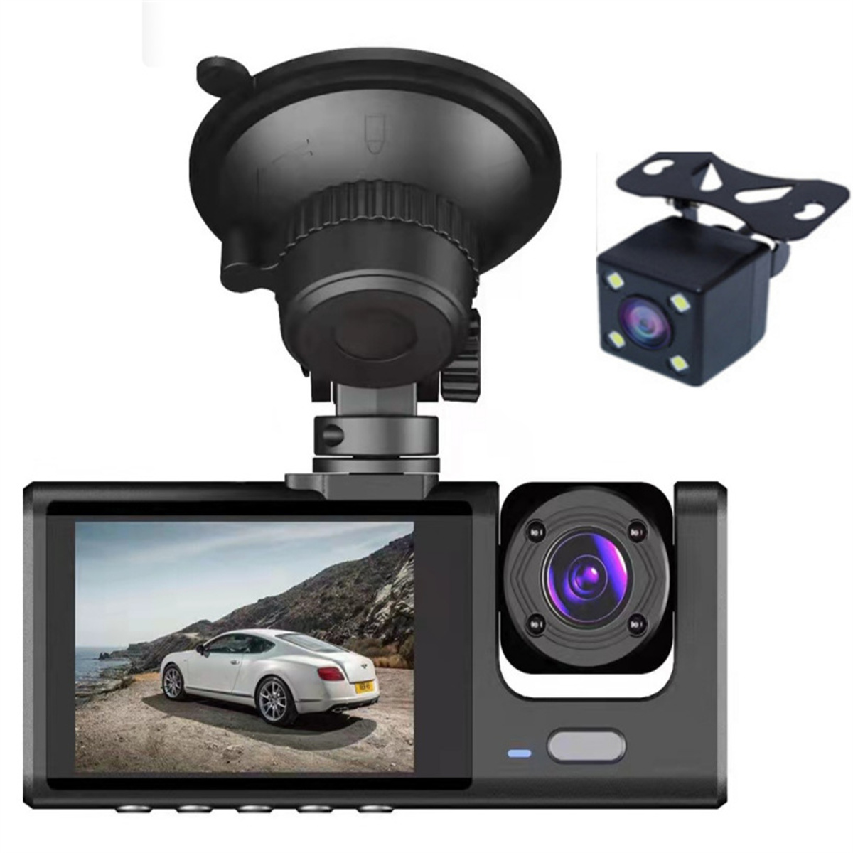 Dashcam-Set, mit Bildschirm, Kamera und Saugnapfhalterung.