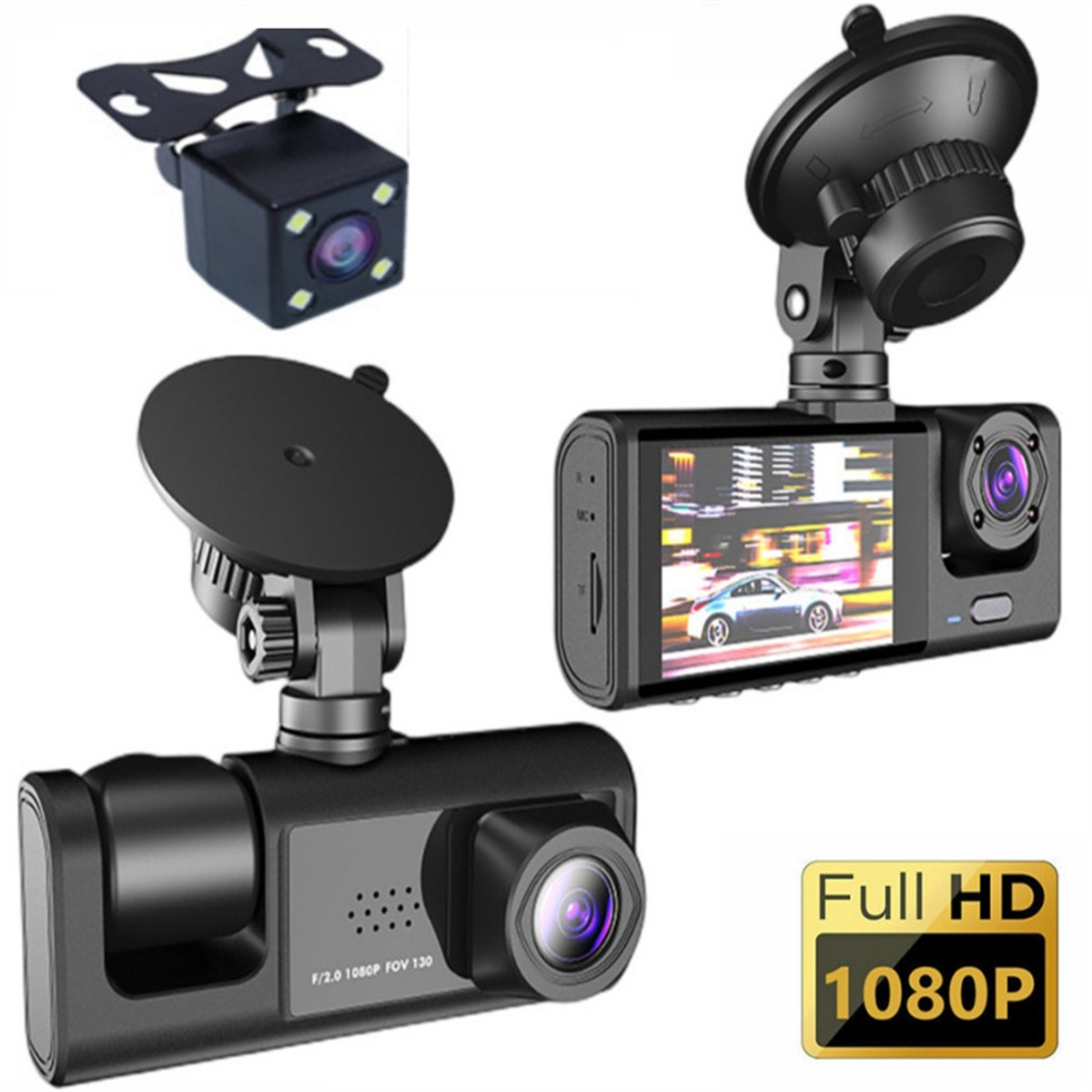 Drei Dashcams. Eine ist schwarz mit Saugnapfhalterung, zeigt einen Bildschirm.