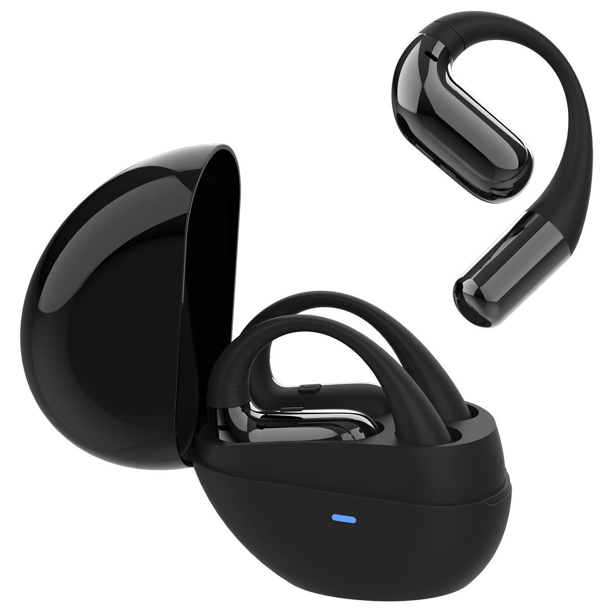 Auricolari neri in una custodia. La custodia è aperta, un auricolare è all'esterno.