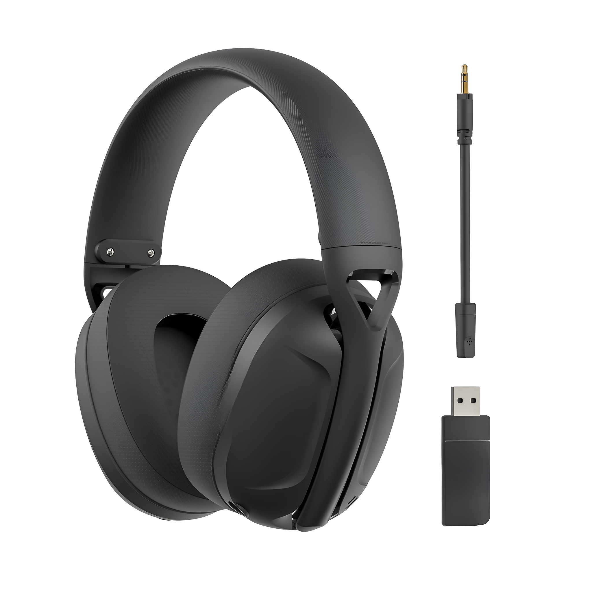 Schwarze Kopfhörer mit Audiokabel und USB-Adapter, alles auf weißem Hintergrund.