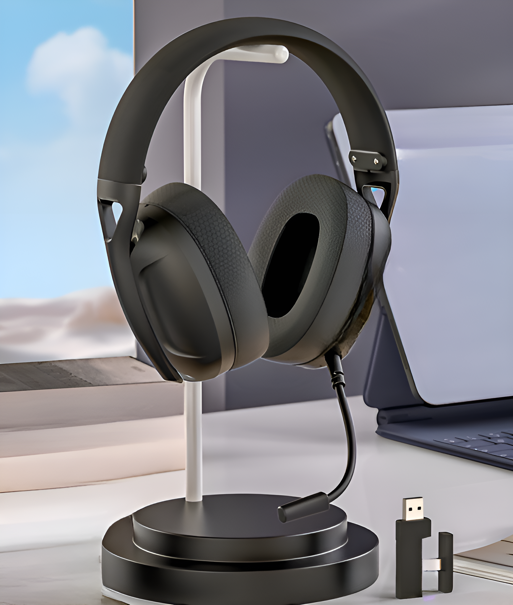 Schwarze Kopfhörer auf Ständer mit USB-Adapter und Tablet im Hintergrund.