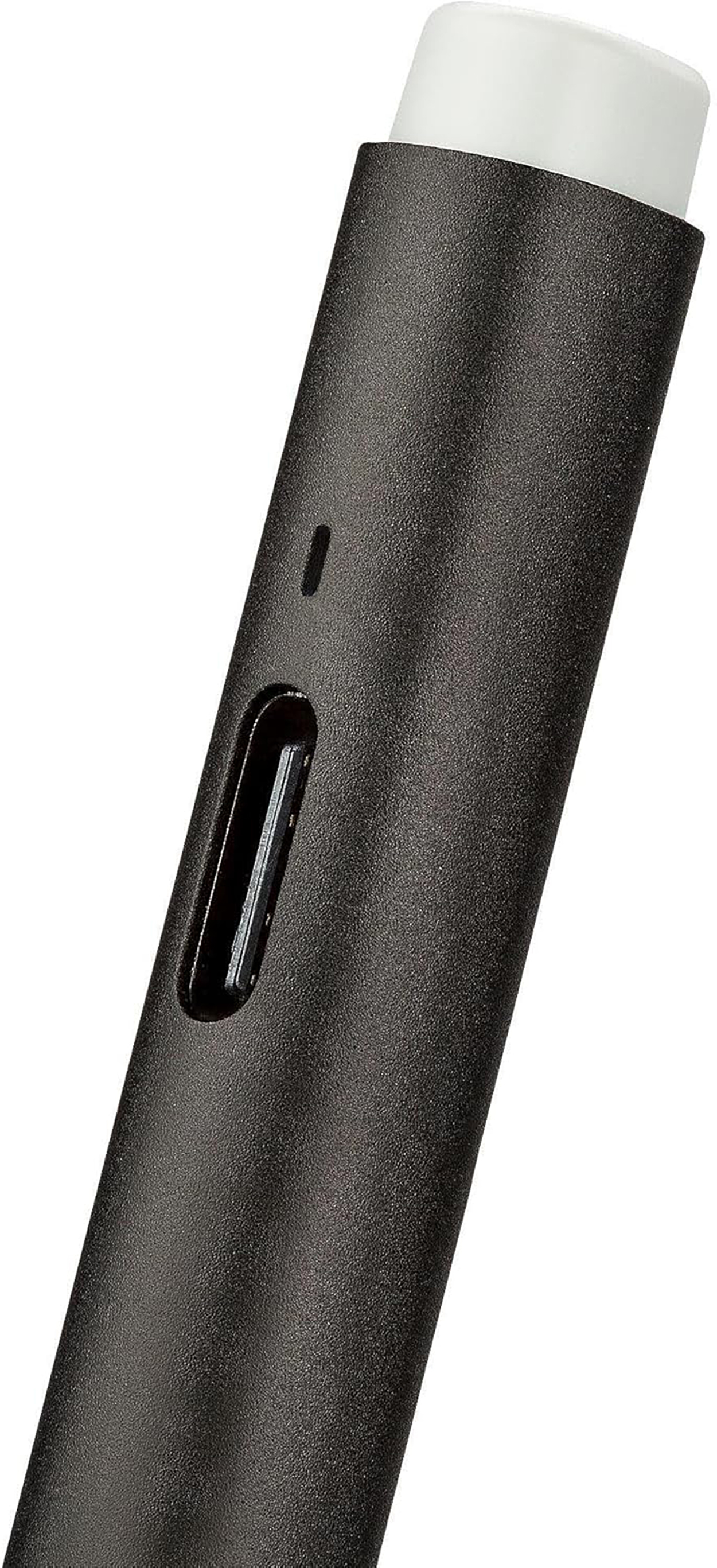 Schwarzes stiftähnliches Gerät mit weißer Spitze. Es hat einen kleinen Knopf und eine Kontrollleuchte.