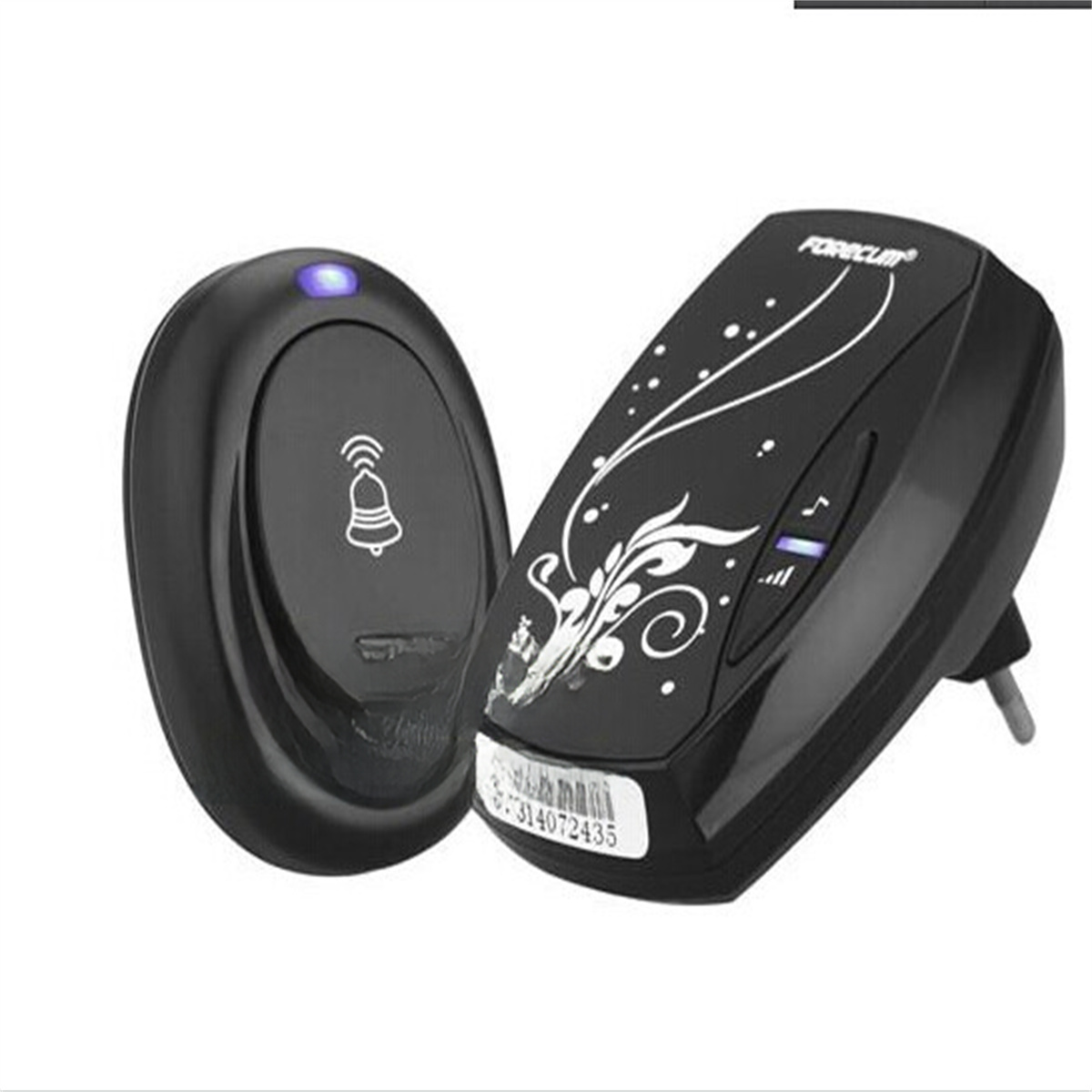 Schwarze Türklingel mit silberner Glocken-Ikone und schwarzem Empfänger mit floralem Design.