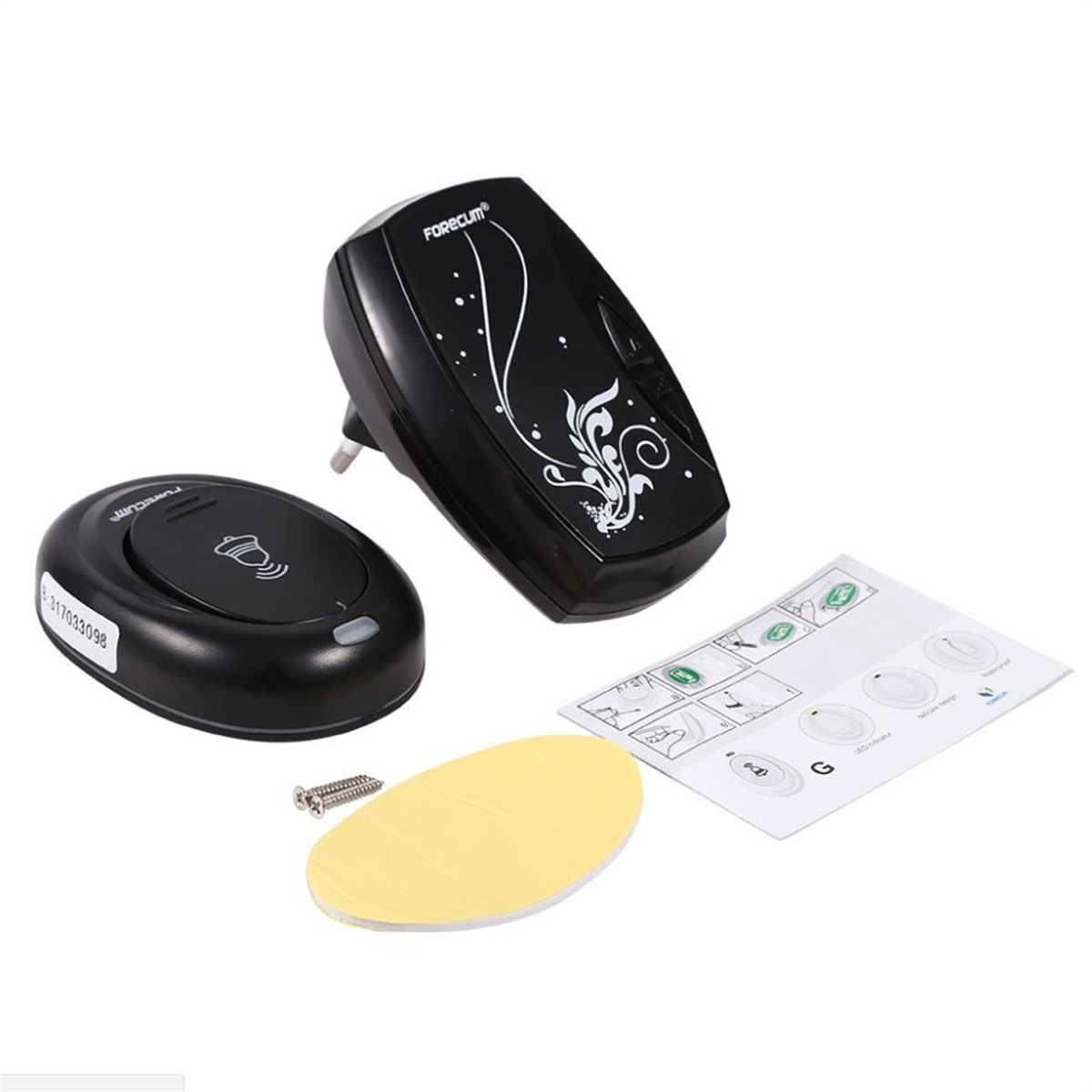 Schwarzes, drahtloses Türklingel-Set mit Empfänger, Sender, Schrauben und Klebepad.