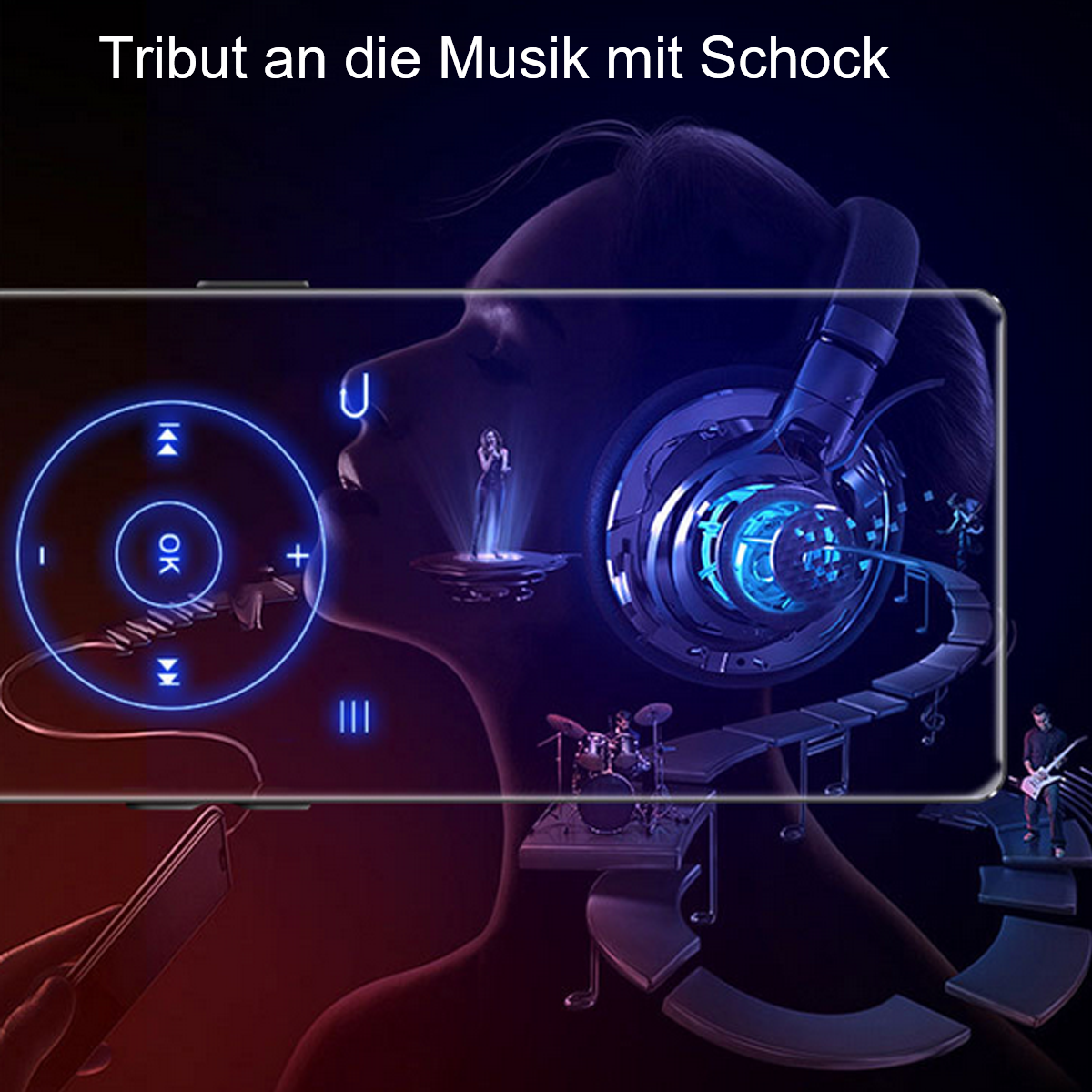 Ein Telefonbildschirm mit futuristischem Design zeigt eine musikalische Aufführungsszene mit einer Sängerin.