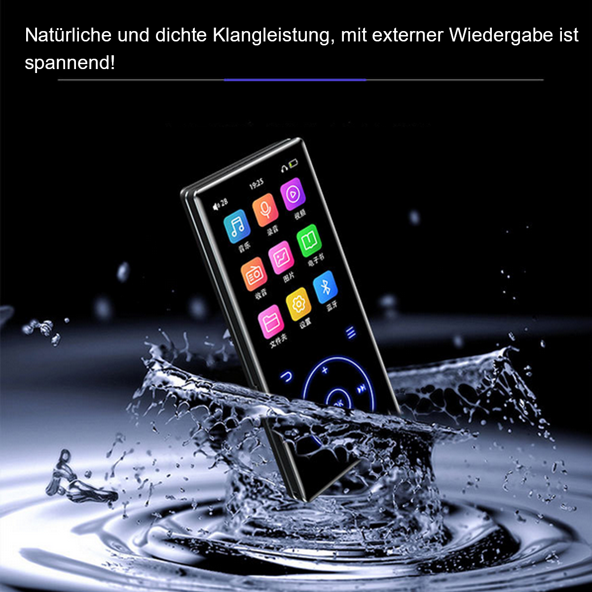 Ein Smartphone mit bunten Symbolen auf dem Bildschirm im Wasser, bespritzt.