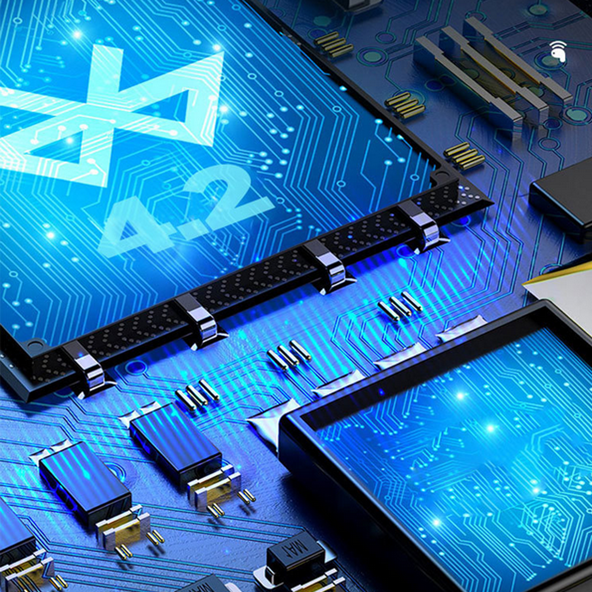Nahaufnahme einer blauen Leiterplatte mit elektronischen Bauteilen und einem Bluetooth 4.2 Logo.