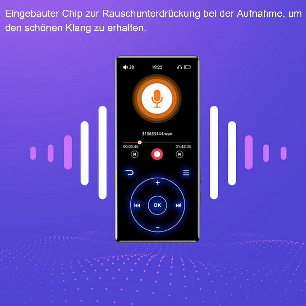 Musik-Player-Oberfläche auf lila Hintergrund mit Schallwellen.