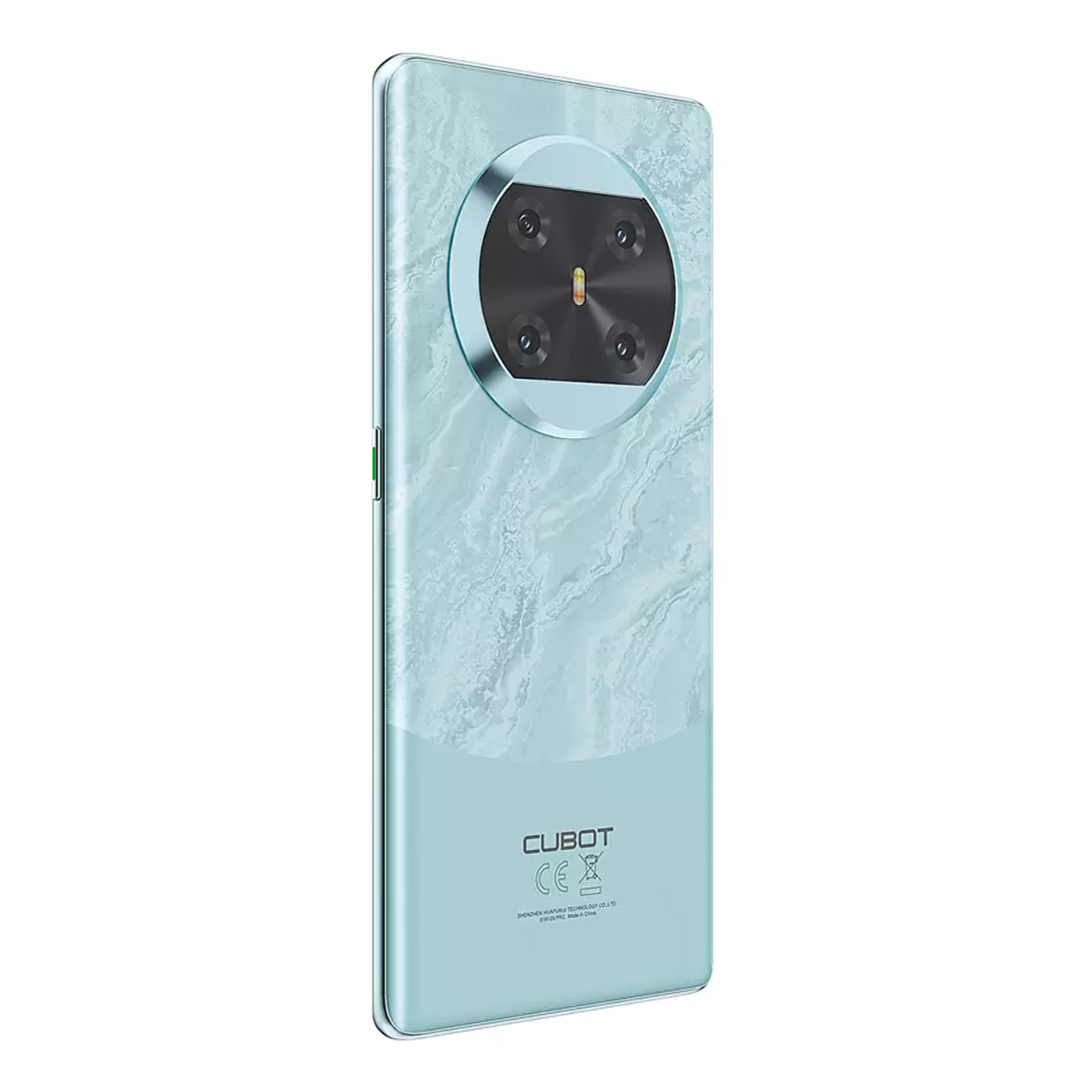 Blaues Telefon mit Marmormuster, vier Kameralinsen.