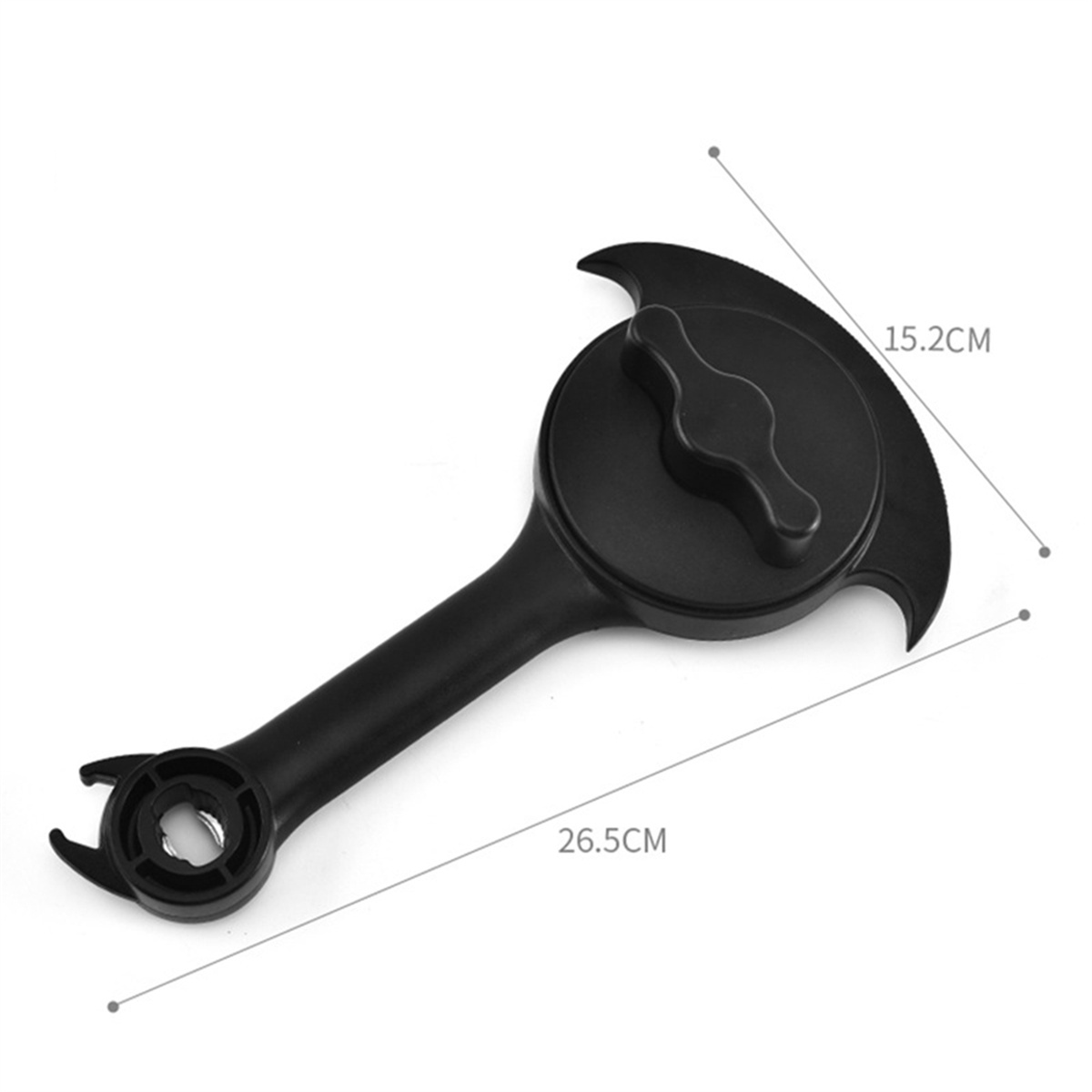 Schwarzes Multitool mit Zentimeter-Maßen, vor weißem Hintergrund.